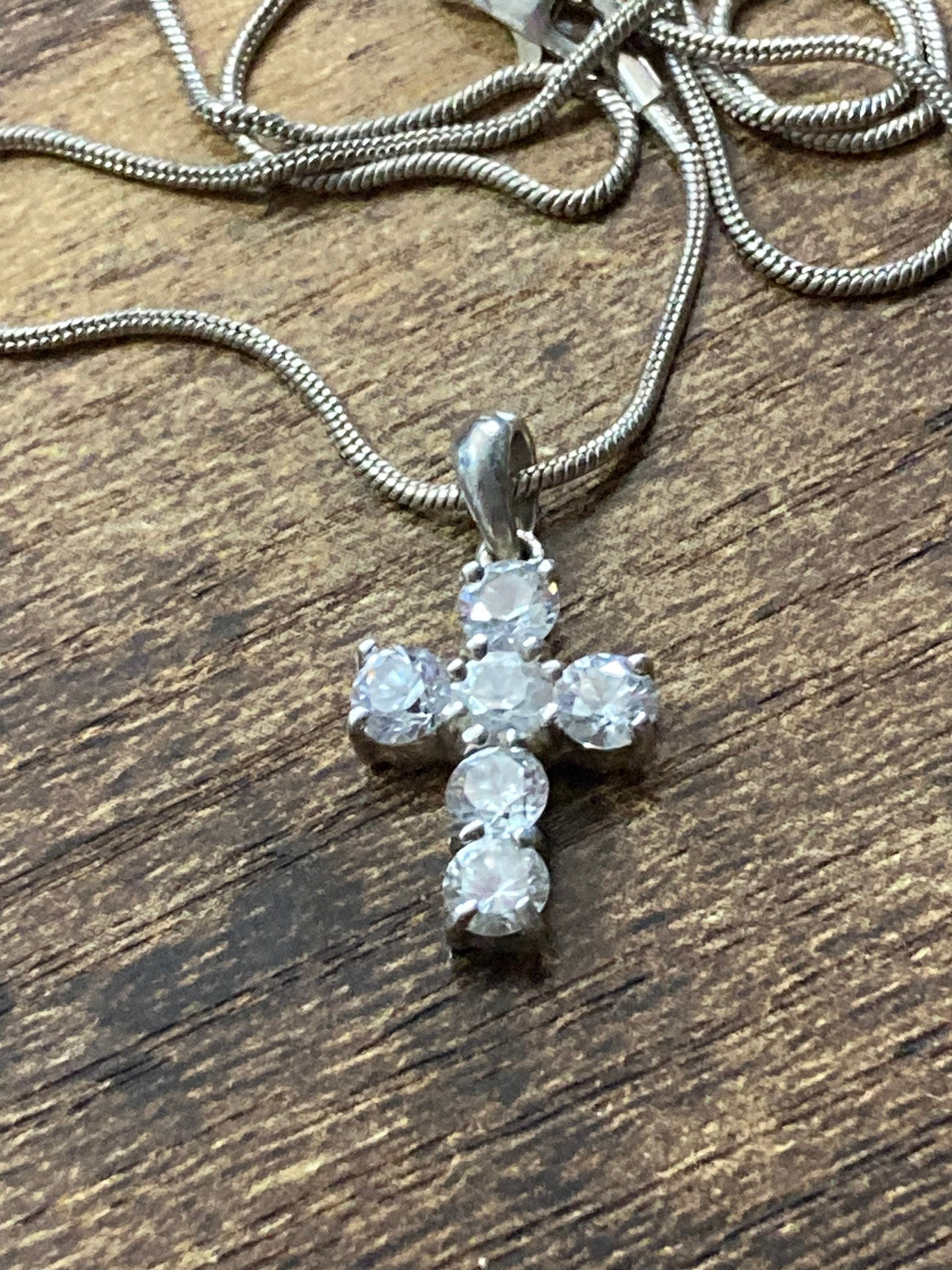 Sterling Silver Cross Pendant Necklace, Diamanté Gem, 41cm Chain