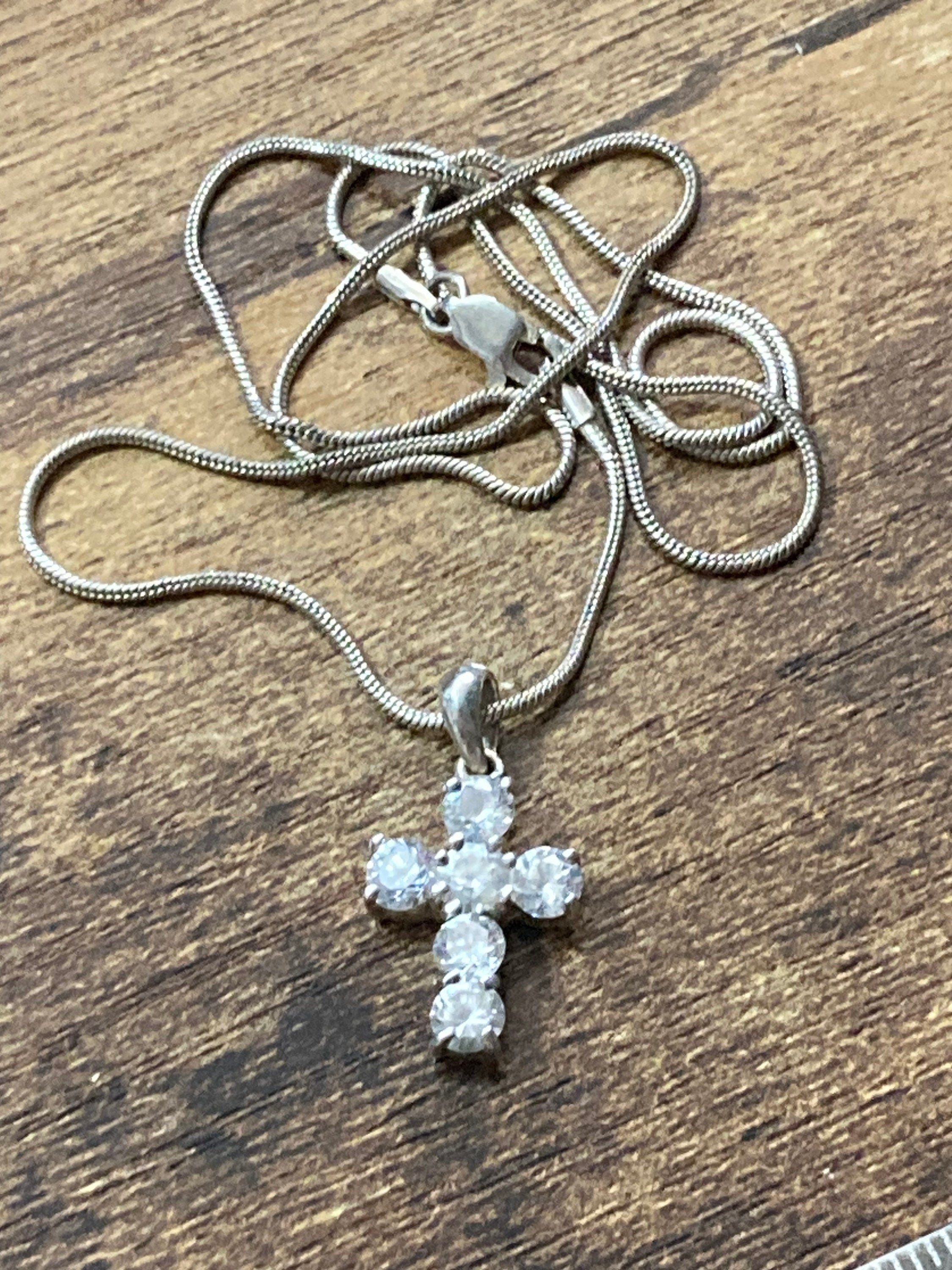 Sterling Silver Cross Pendant Necklace, Diamanté Gem, 41cm Chain