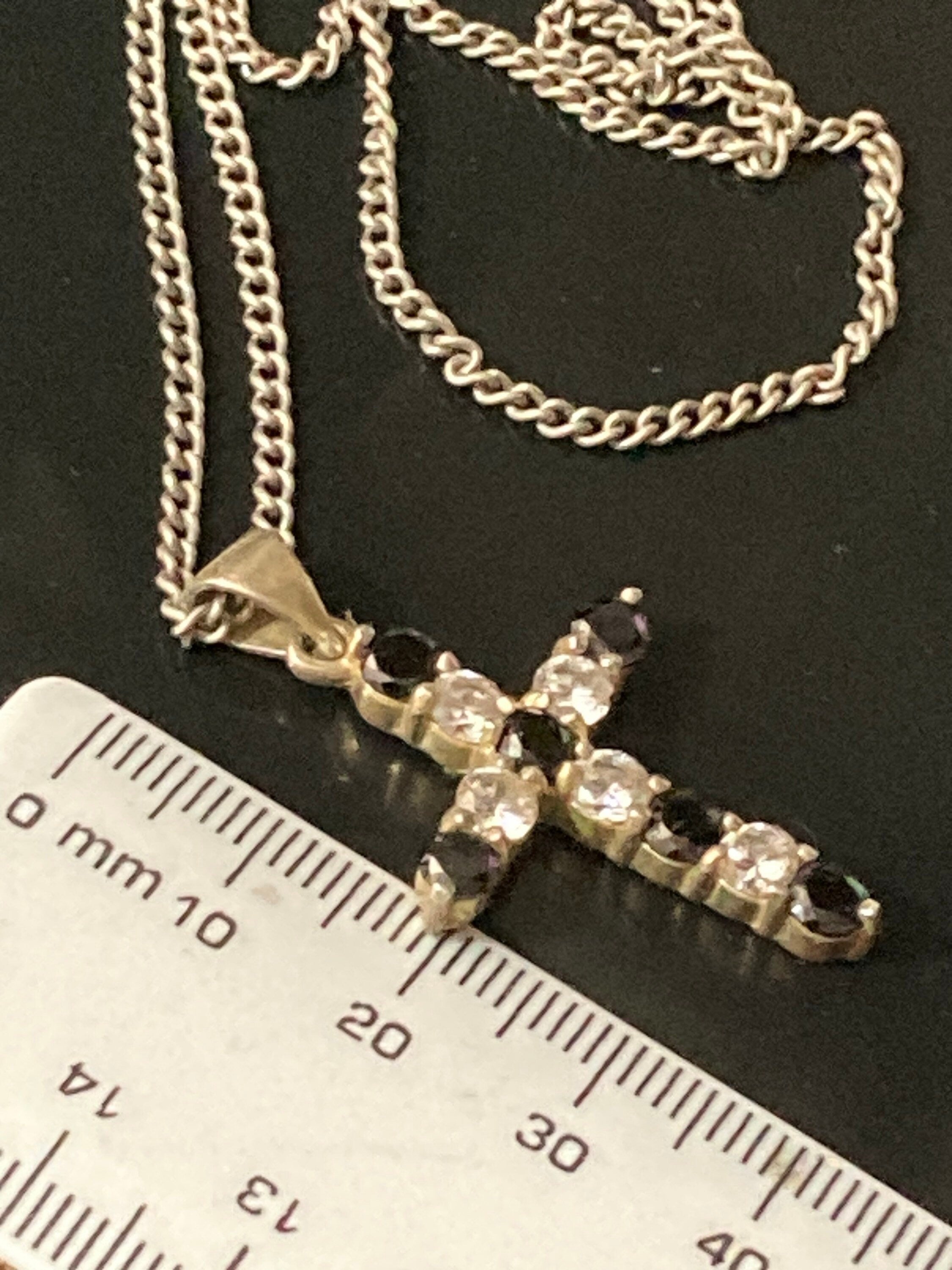 Sterling Silver Cross Pendant Necklace, Black & Clear Diamanté, 46cm Chain