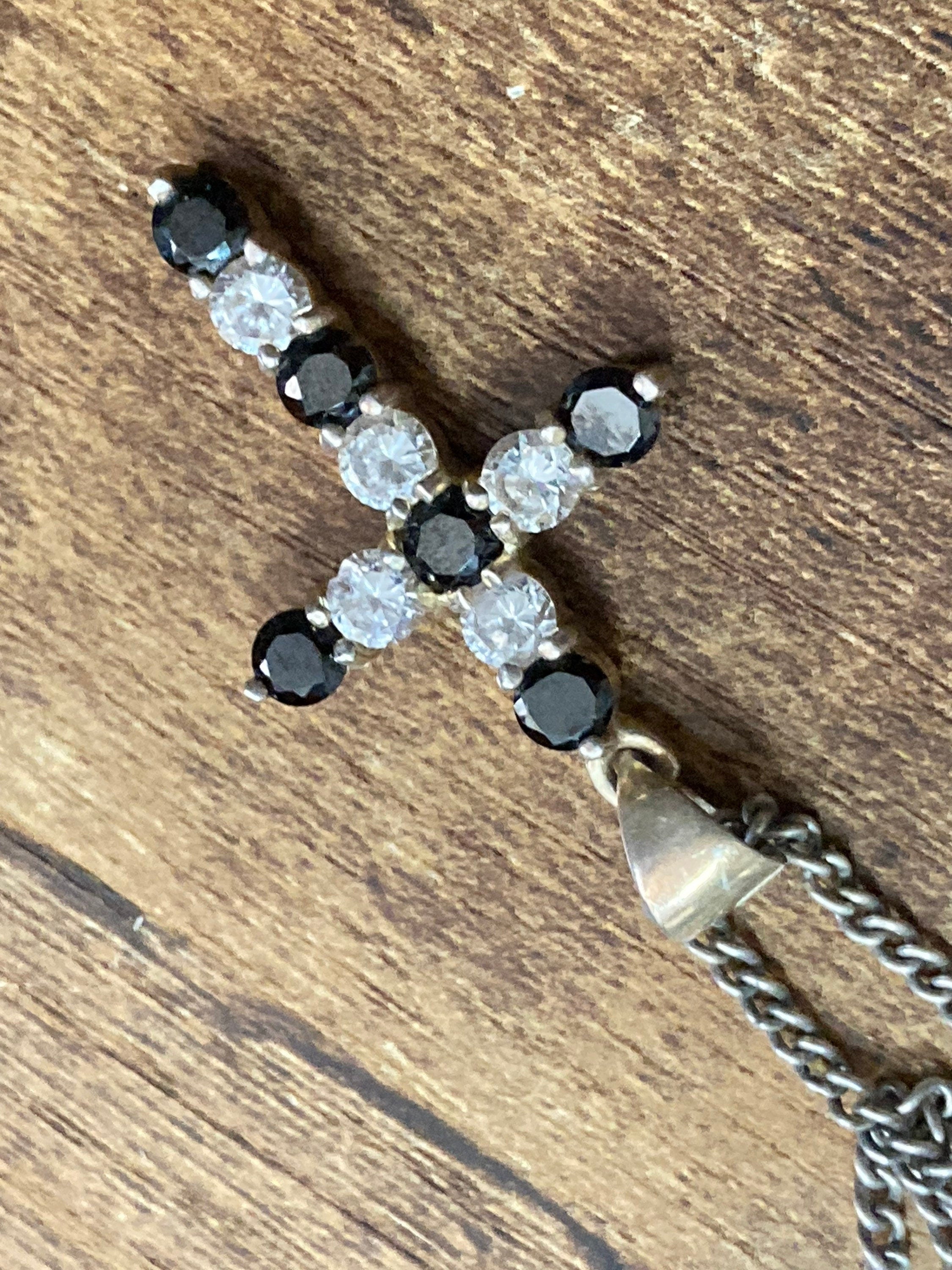 Sterling Silver Cross Pendant Necklace, Black & Clear Diamanté, 46cm Chain