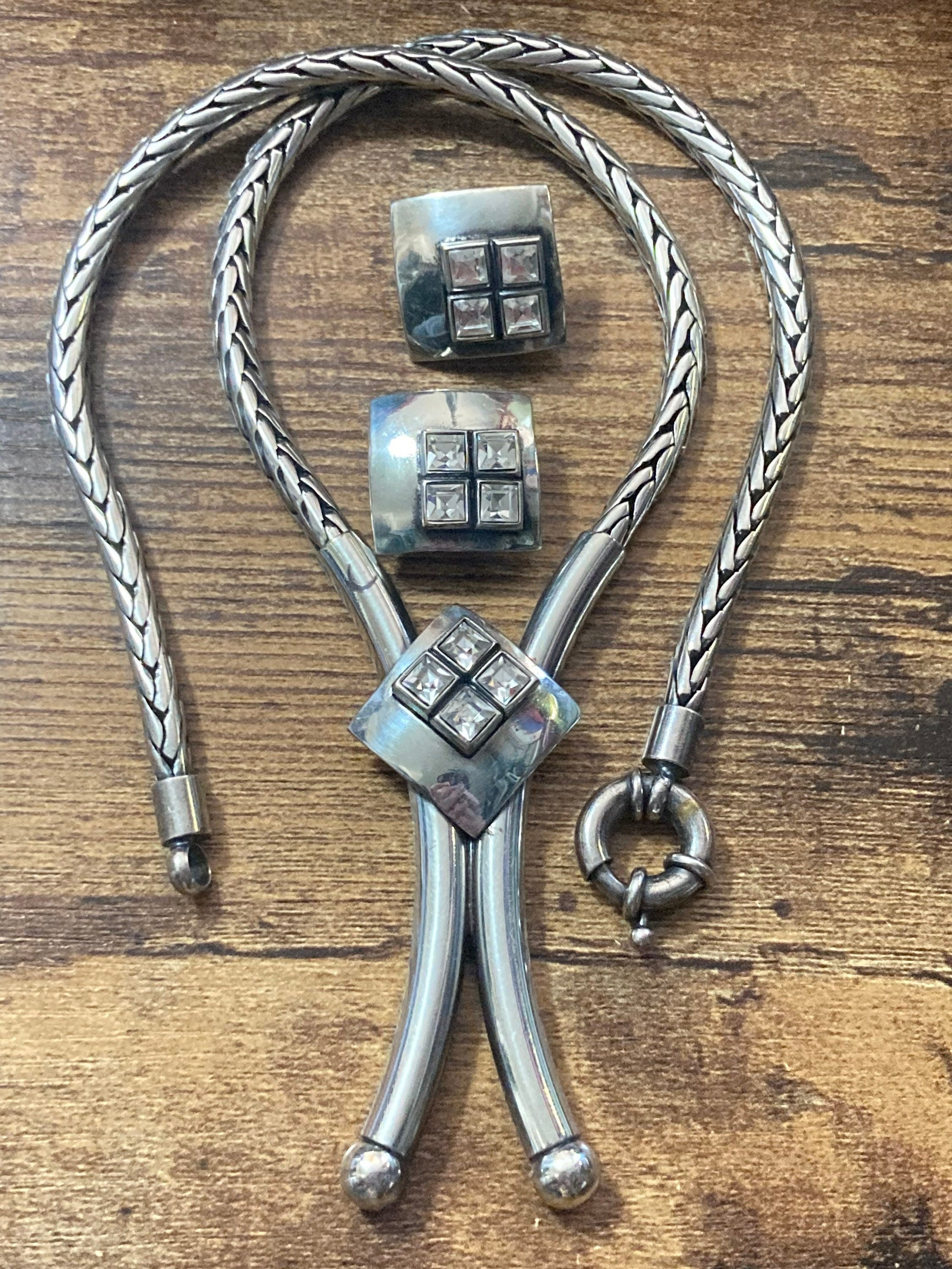 Signed BULATTI modernist designer diamanté lariat necklace and matching clip on earrings jewellery set