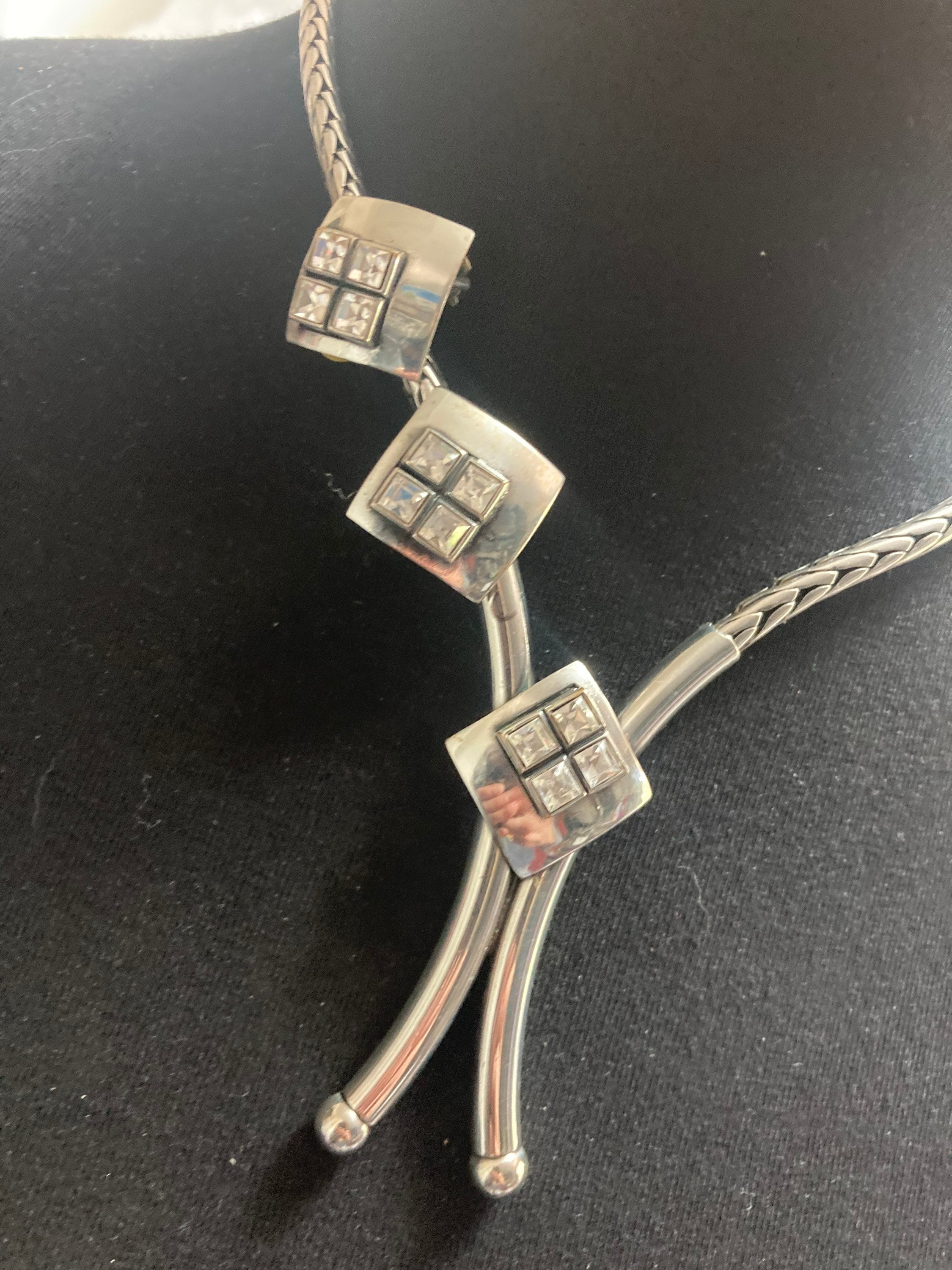 Signed BULATTI modernist designer diamanté lariat necklace and matching clip on earrings jewellery set