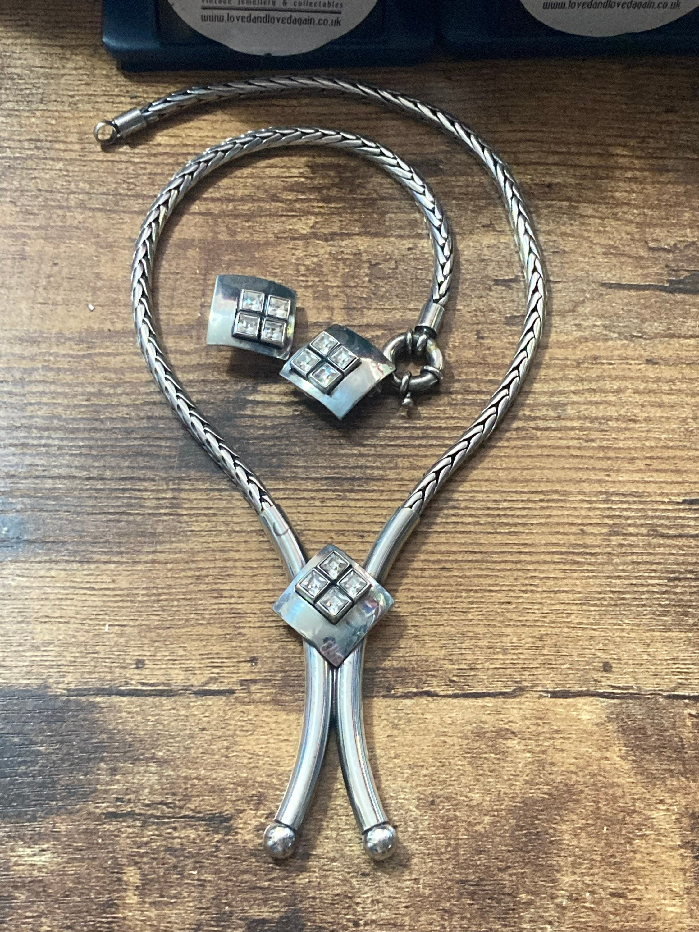 Signed BULATTI modernist designer diamanté lariat necklace and matching clip on earrings jewellery set