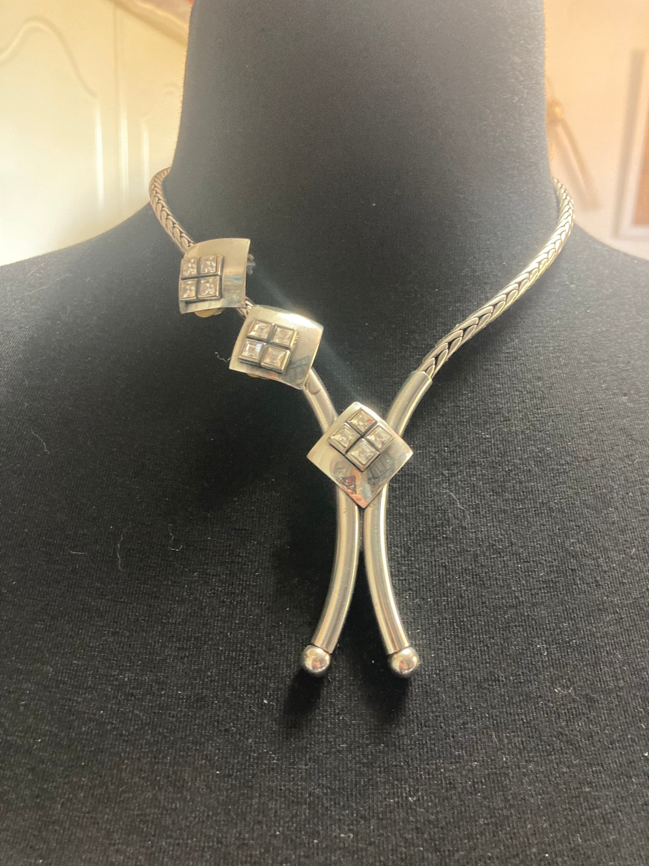 Signed BULATTI modernist designer diamanté lariat necklace and matching clip on earrings jewellery set