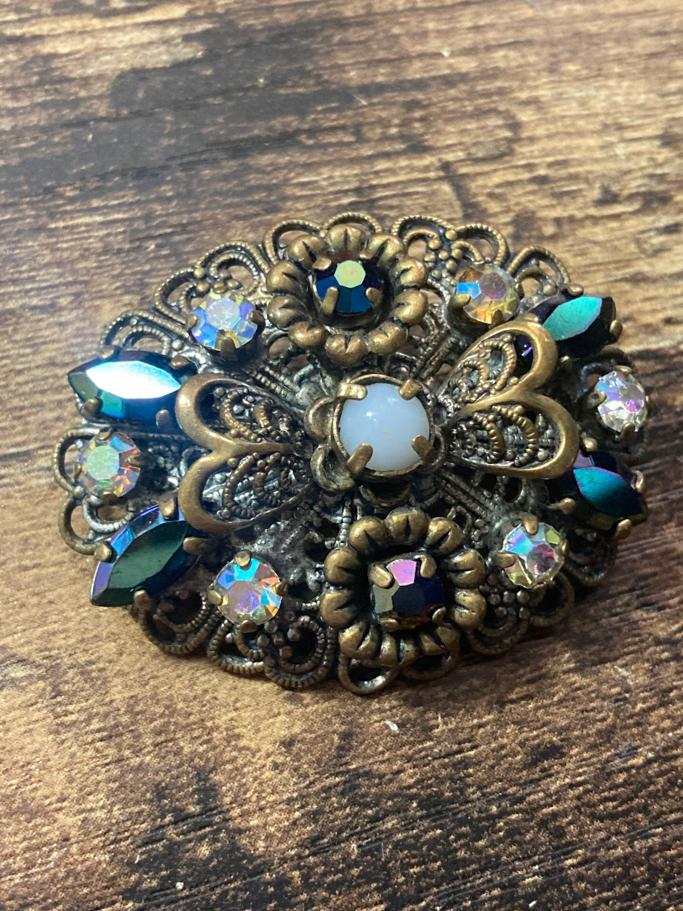 vintage Czech brass filigree AB rhinestone diamanté brooch