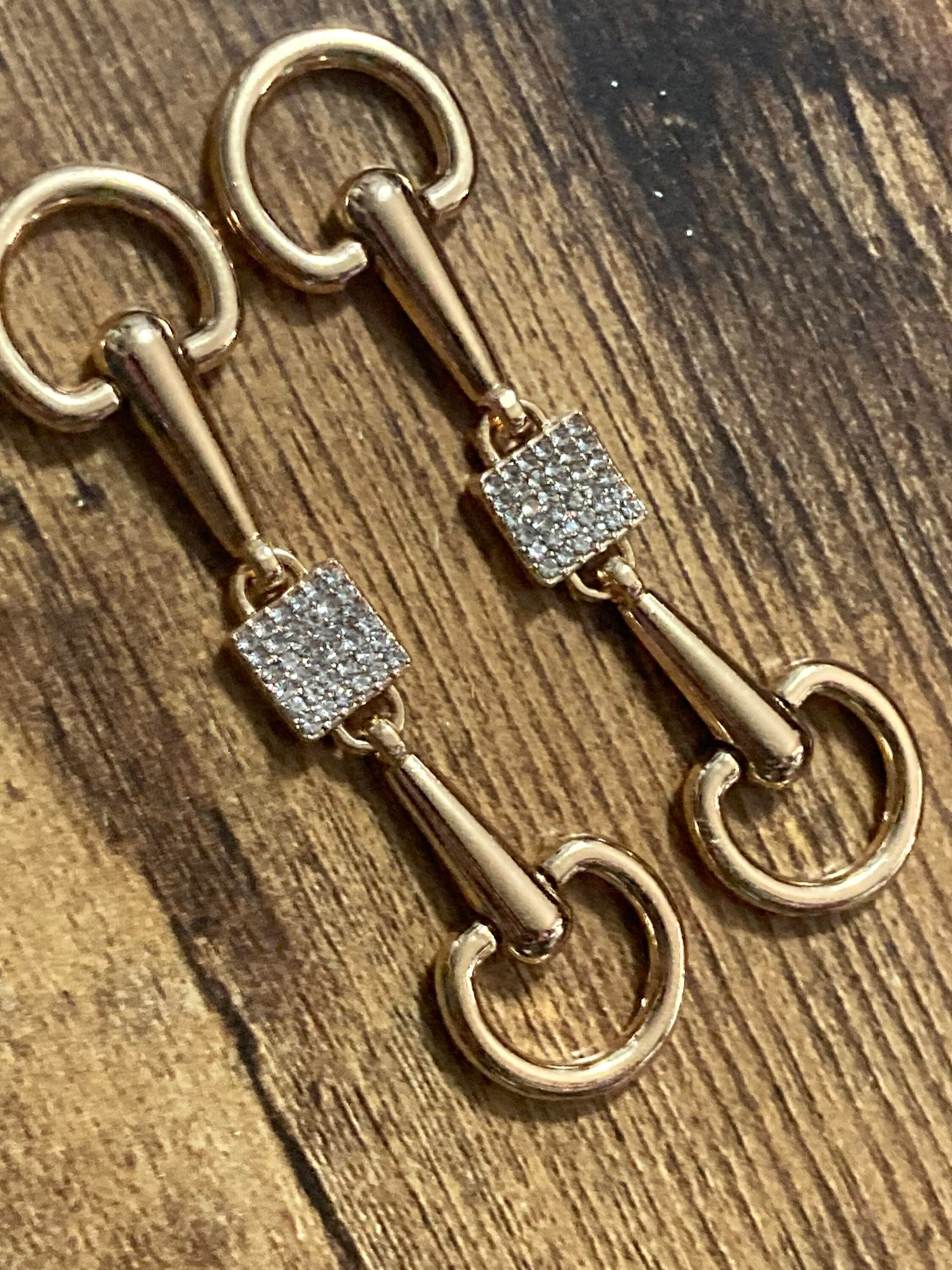 Pair of sew on clear diamanté gold tone snaffle horse bit shoe buckles embellishments