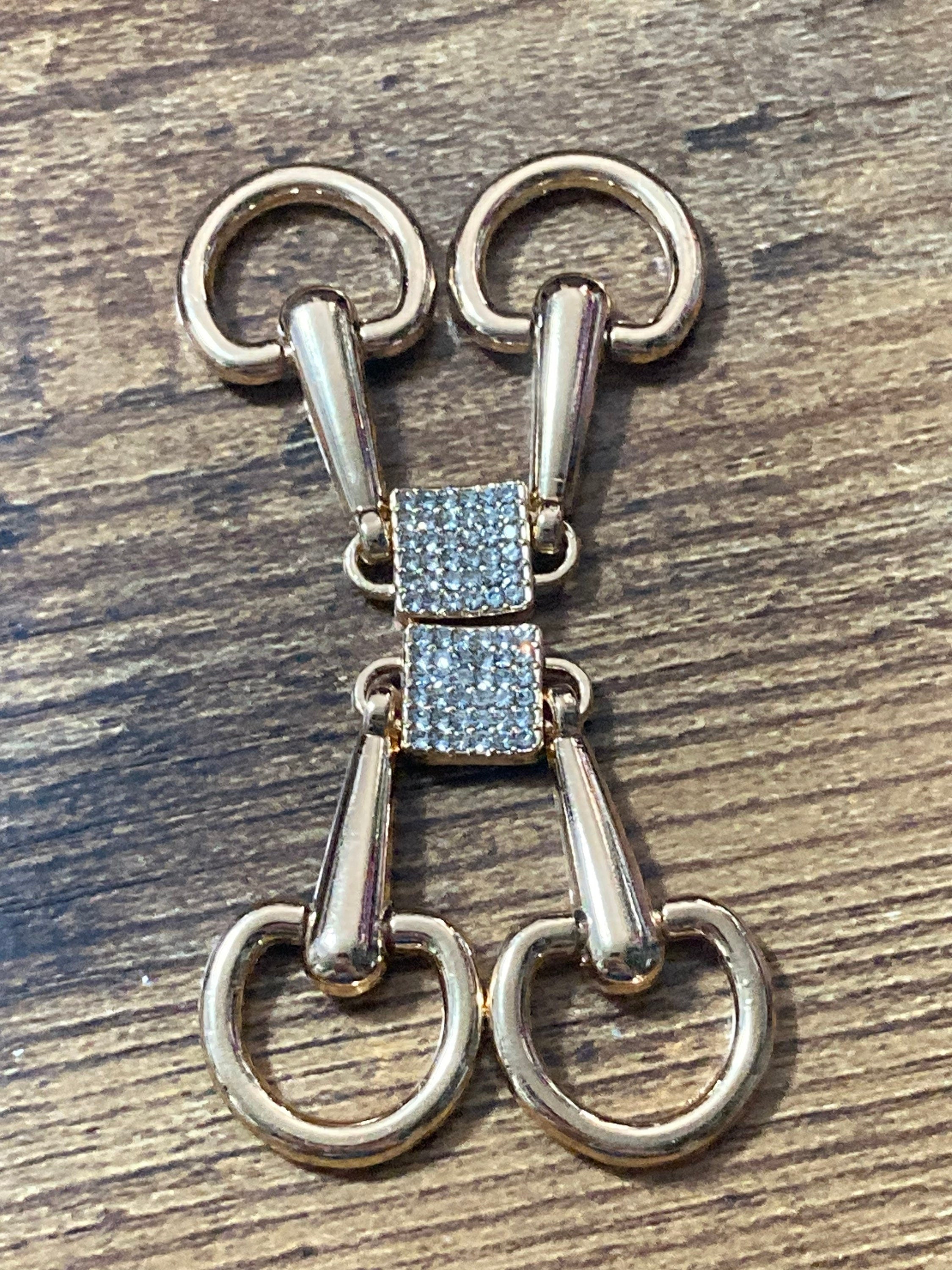 Pair of sew on clear diamanté gold tone snaffle horse bit shoe buckles embellishments