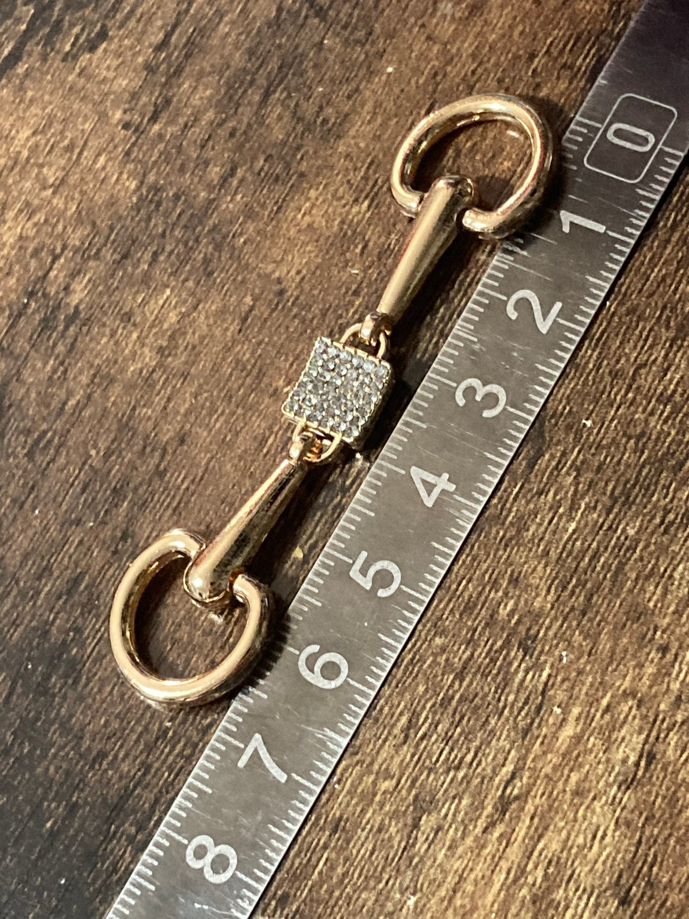 Pair of sew on clear diamanté gold tone snaffle horse bit shoe buckles embellishments