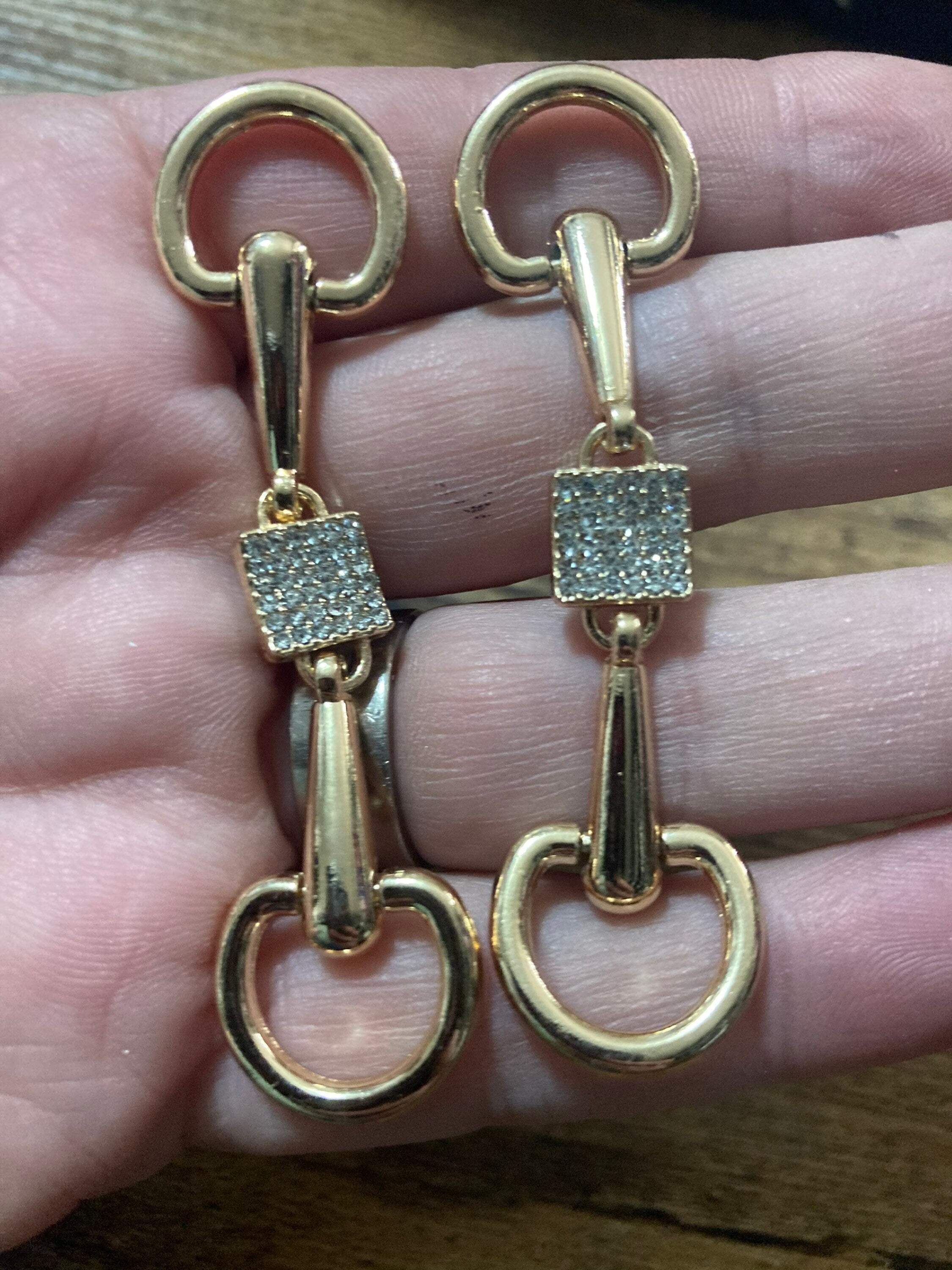 Pair of sew on clear diamanté gold tone snaffle horse bit shoe buckles embellishments