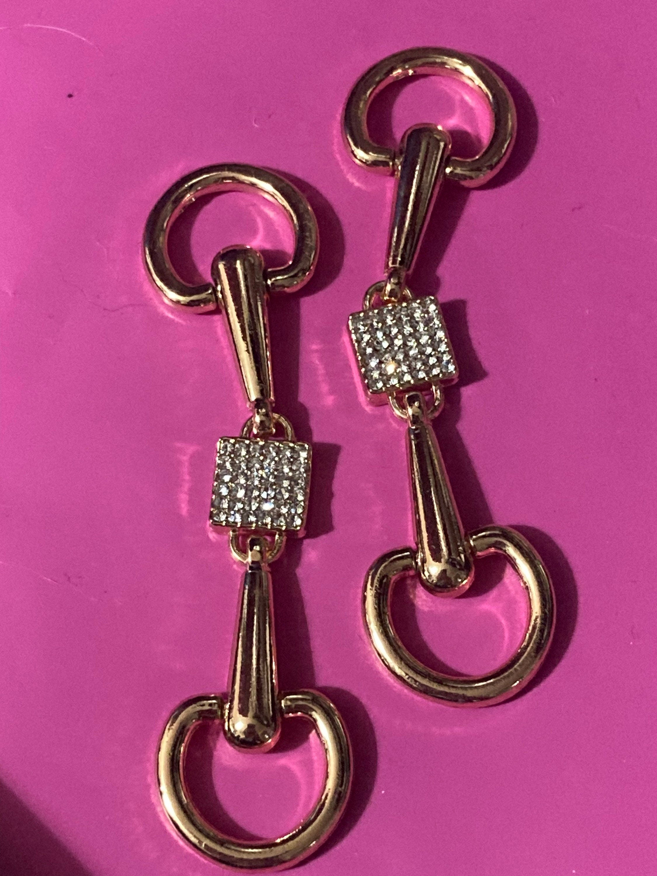 Pair of sew on clear diamanté gold tone snaffle horse bit shoe buckles embellishments