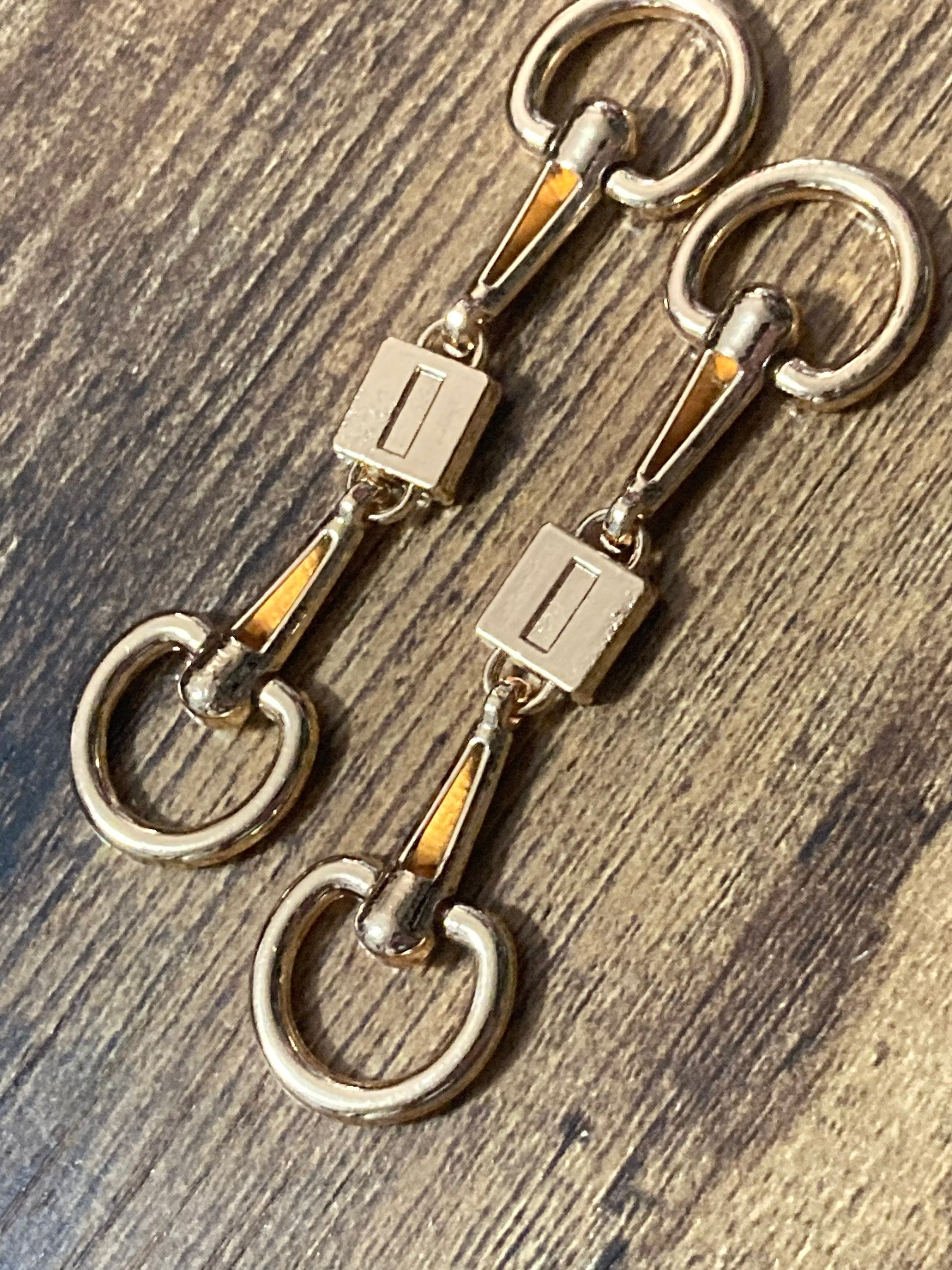 Pair of sew on clear diamanté gold tone snaffle horse bit shoe buckles embellishments