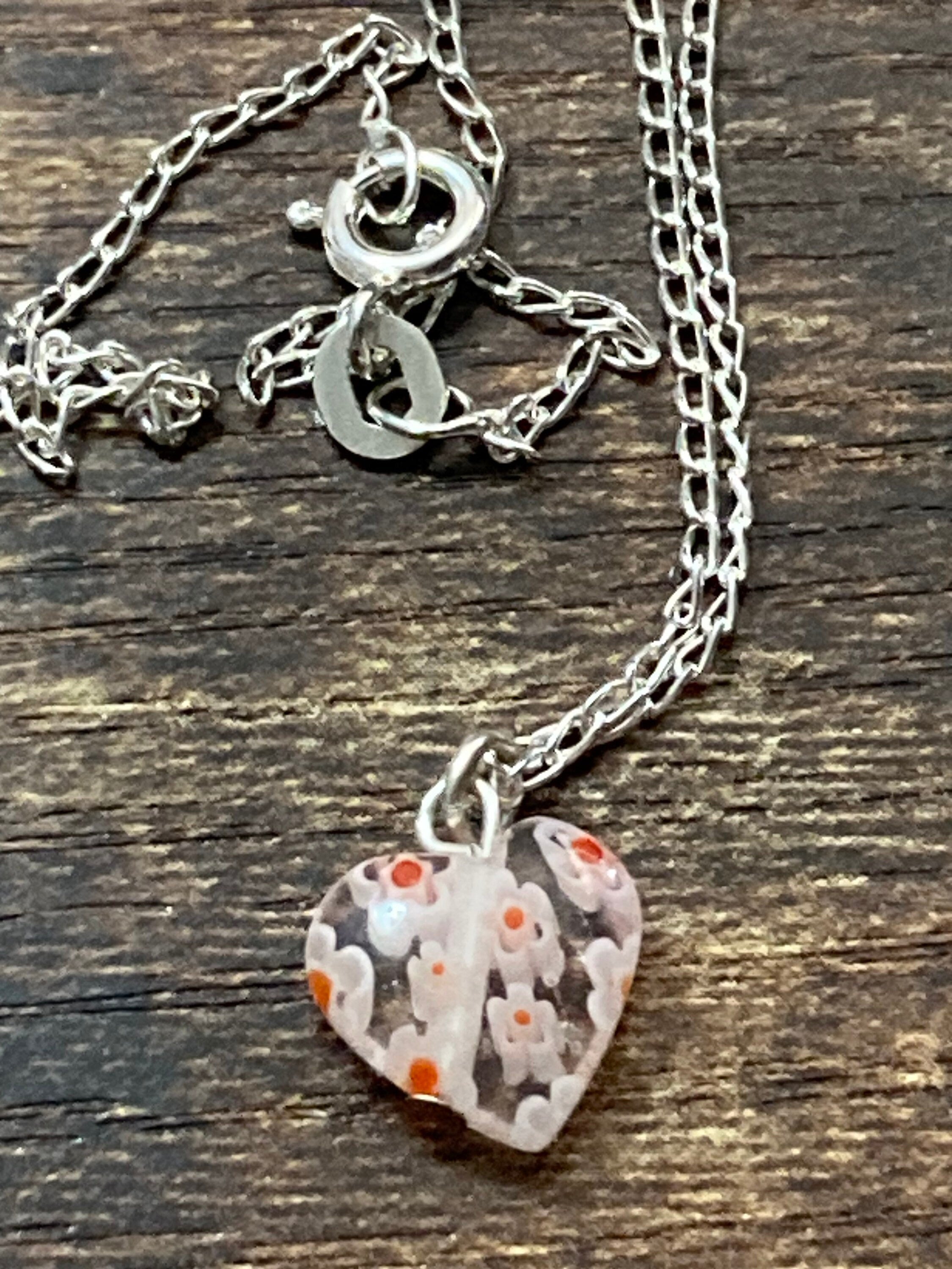 Young girls 925 sterling silver fine chain with pink glass love heart pendant 35cm