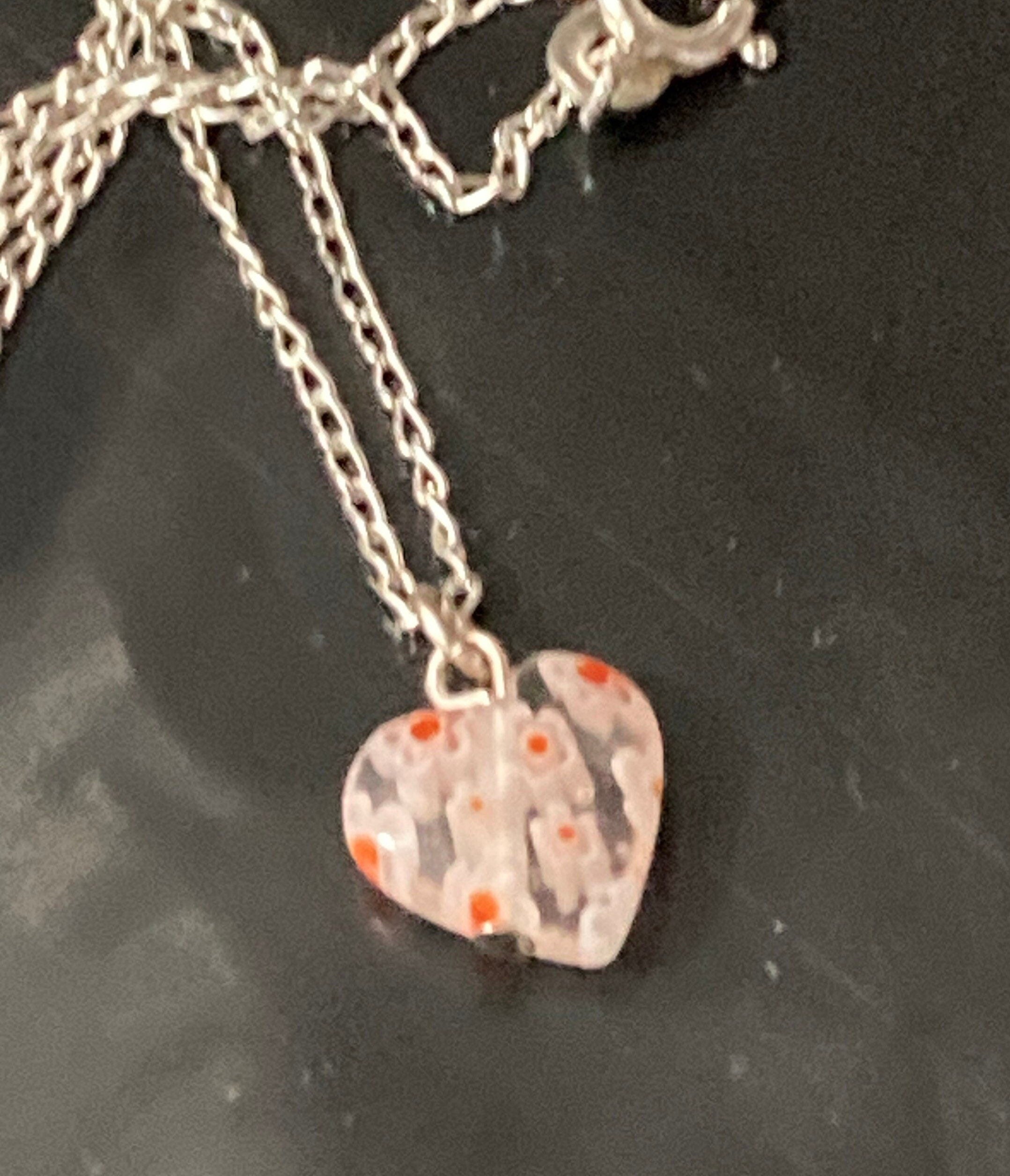 Young girls 925 sterling silver fine chain with pink glass love heart pendant 35cm