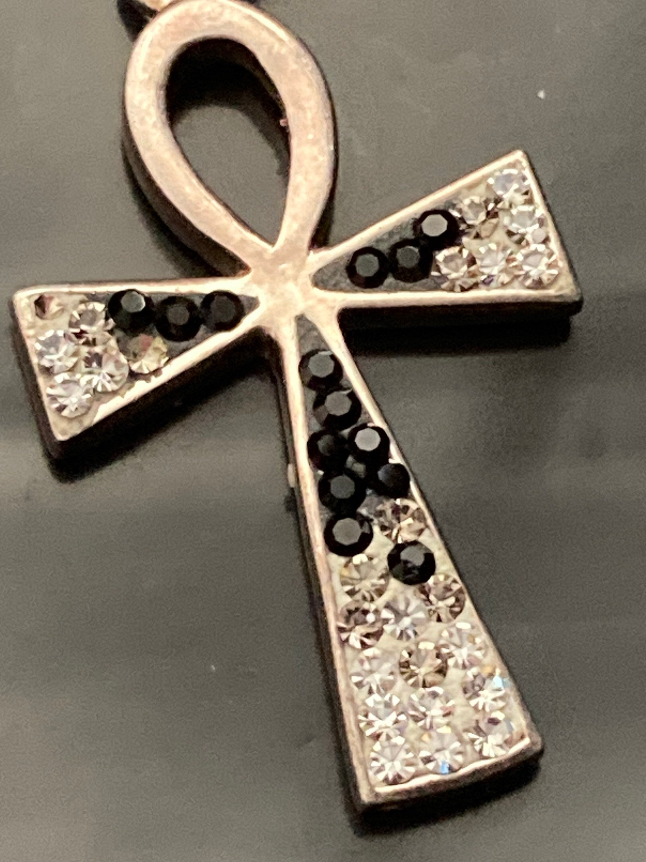 AF 925 sterling silver black and clear Crystal gem set religious cross pendant 4.5cm