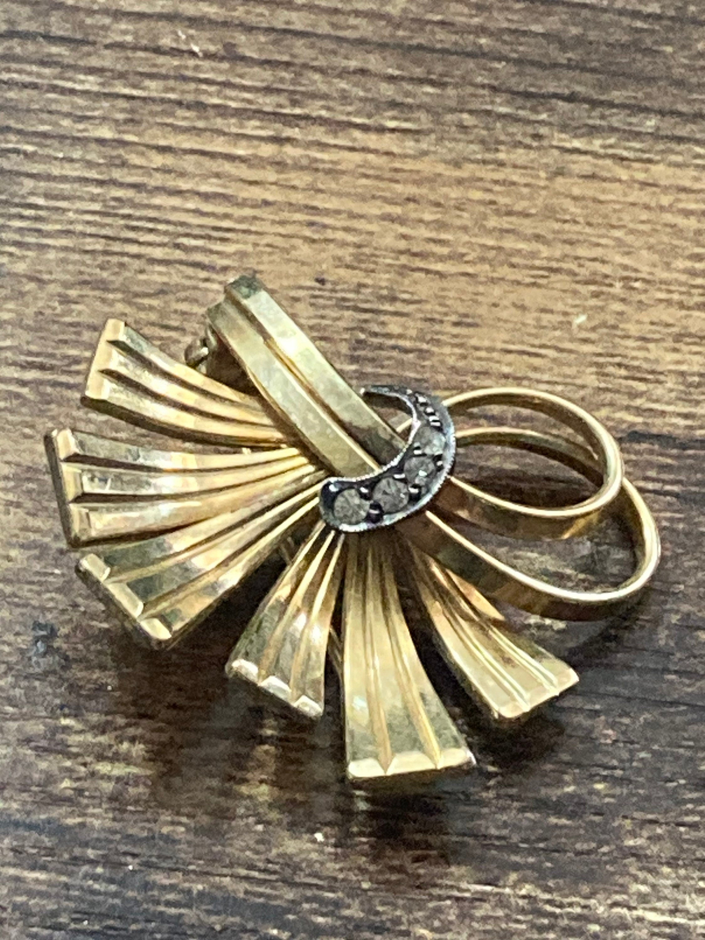 rolled gold modernist diamanté brooch, vintage signed