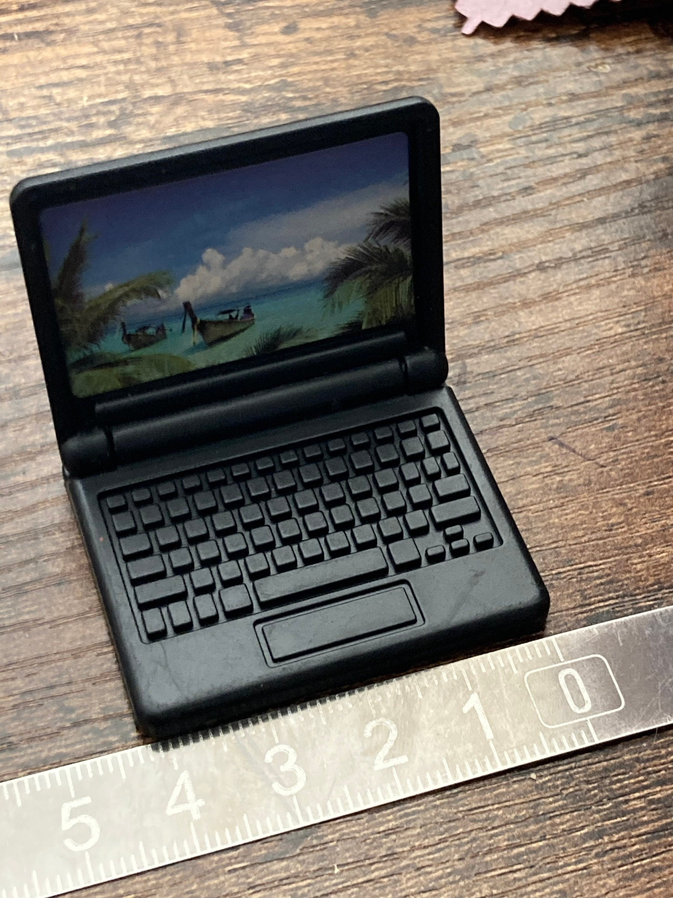 Miniature Black laptop computer cake topper decoration, dollhouse naught elf prop