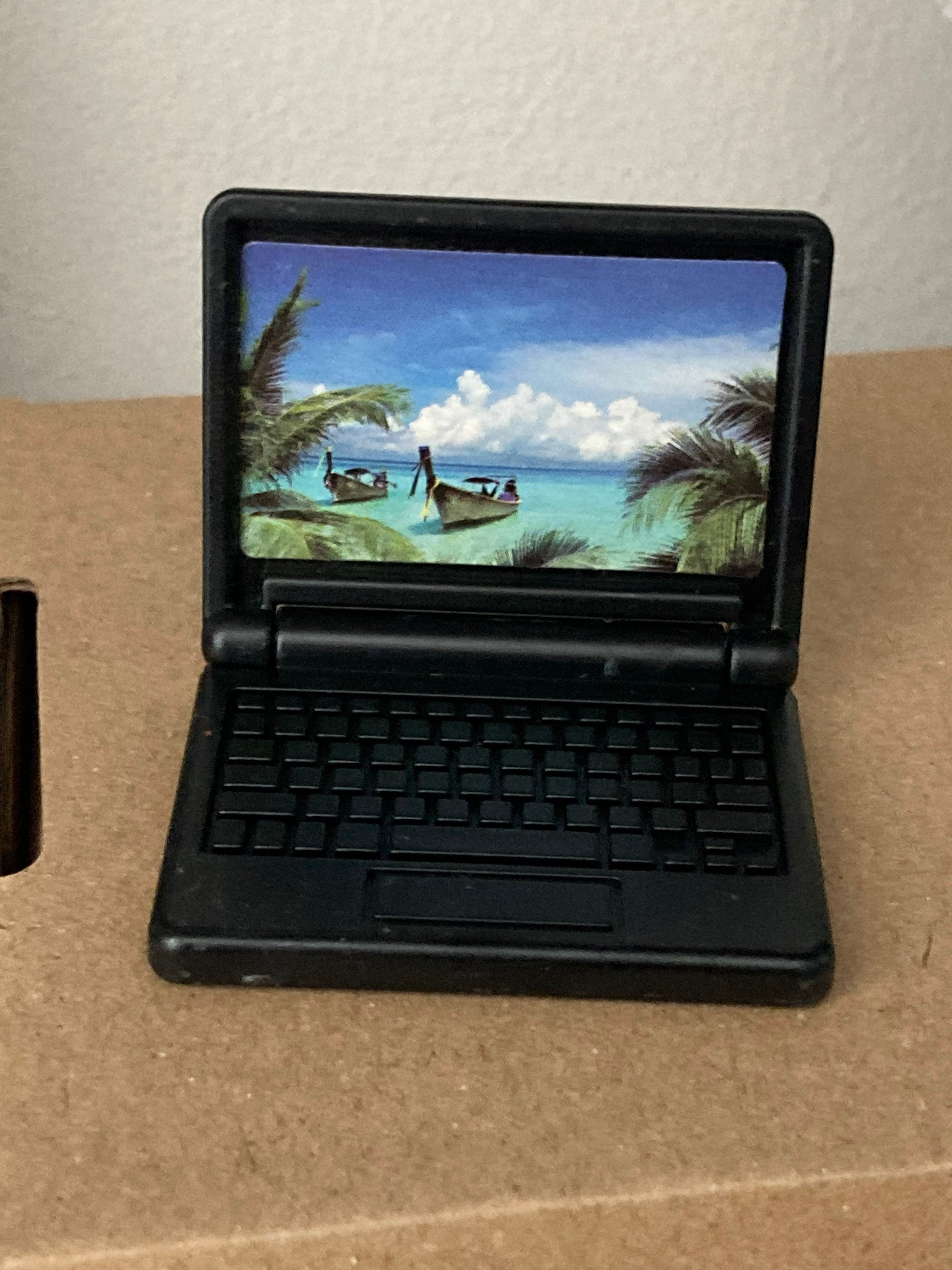 Miniature Black laptop computer cake topper decoration, dollhouse naught elf prop