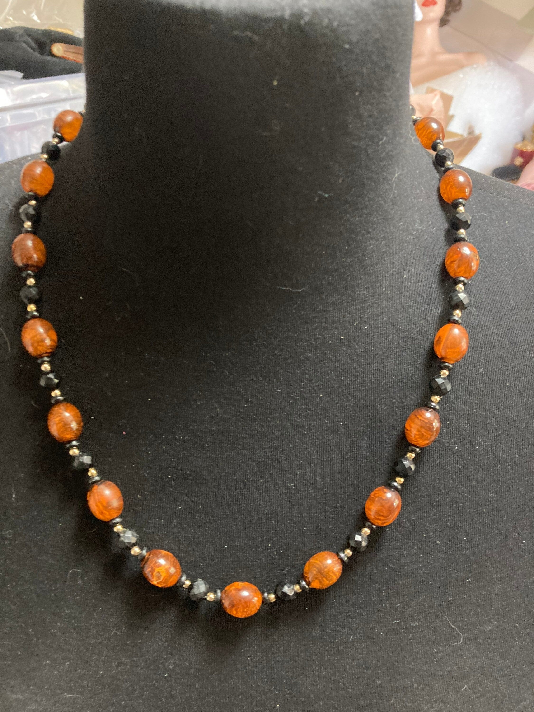Retro faux amber orange brown plastic beaded long necklace with black beads