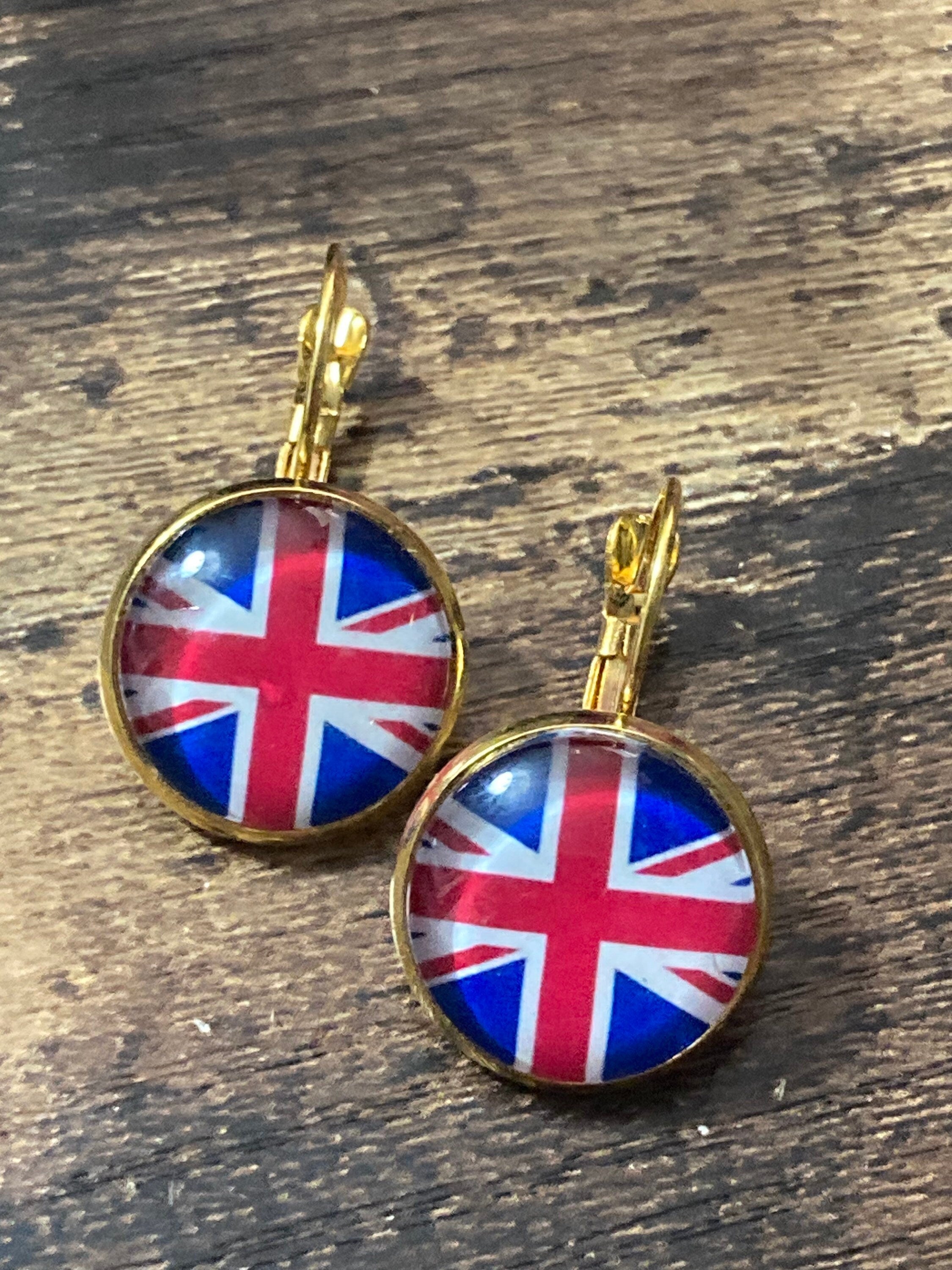 Union Jack earrings UK British flag round gold tone