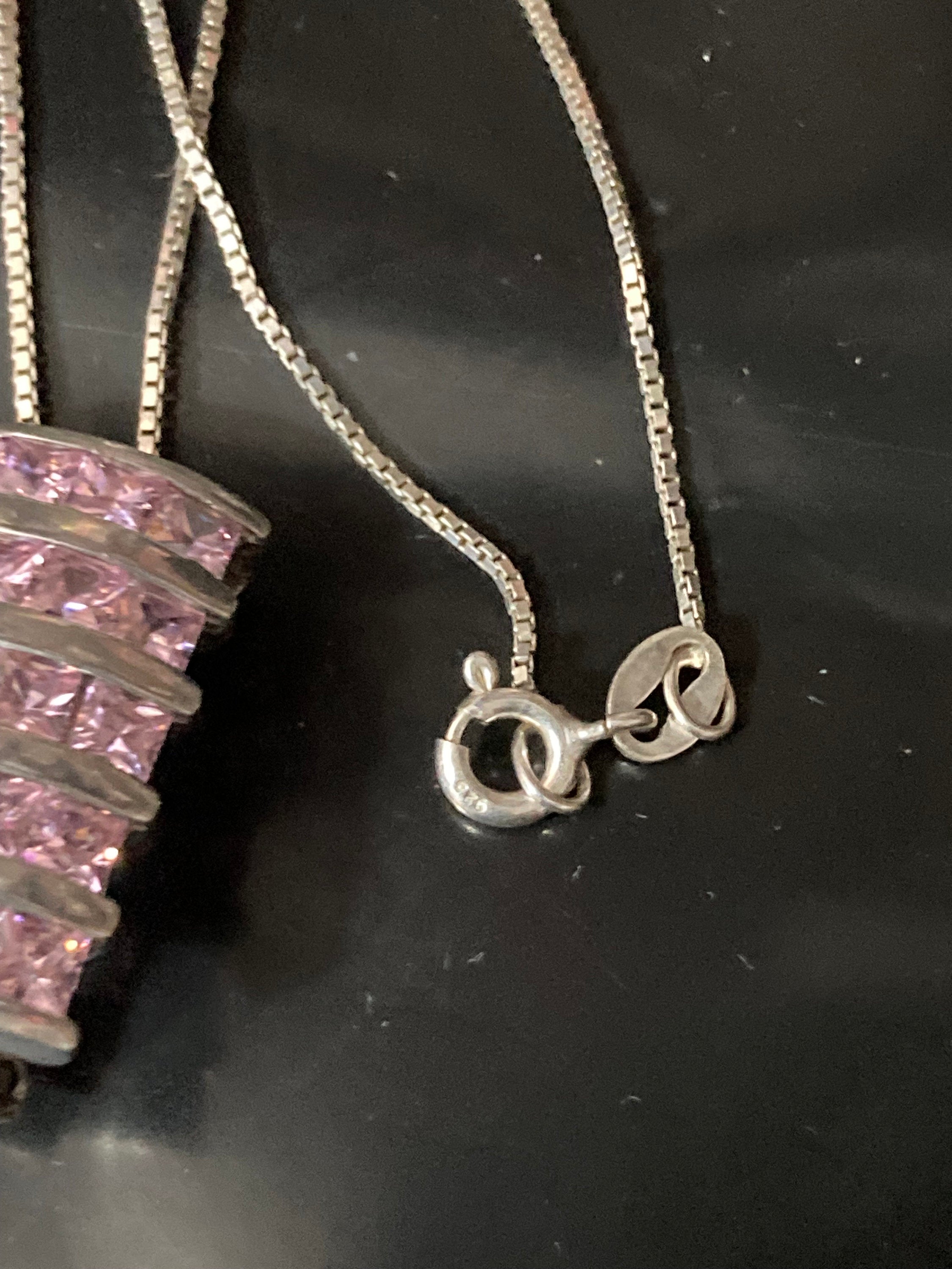 925 sterling silver pink diamanté Crystal modernist pendant on a chain