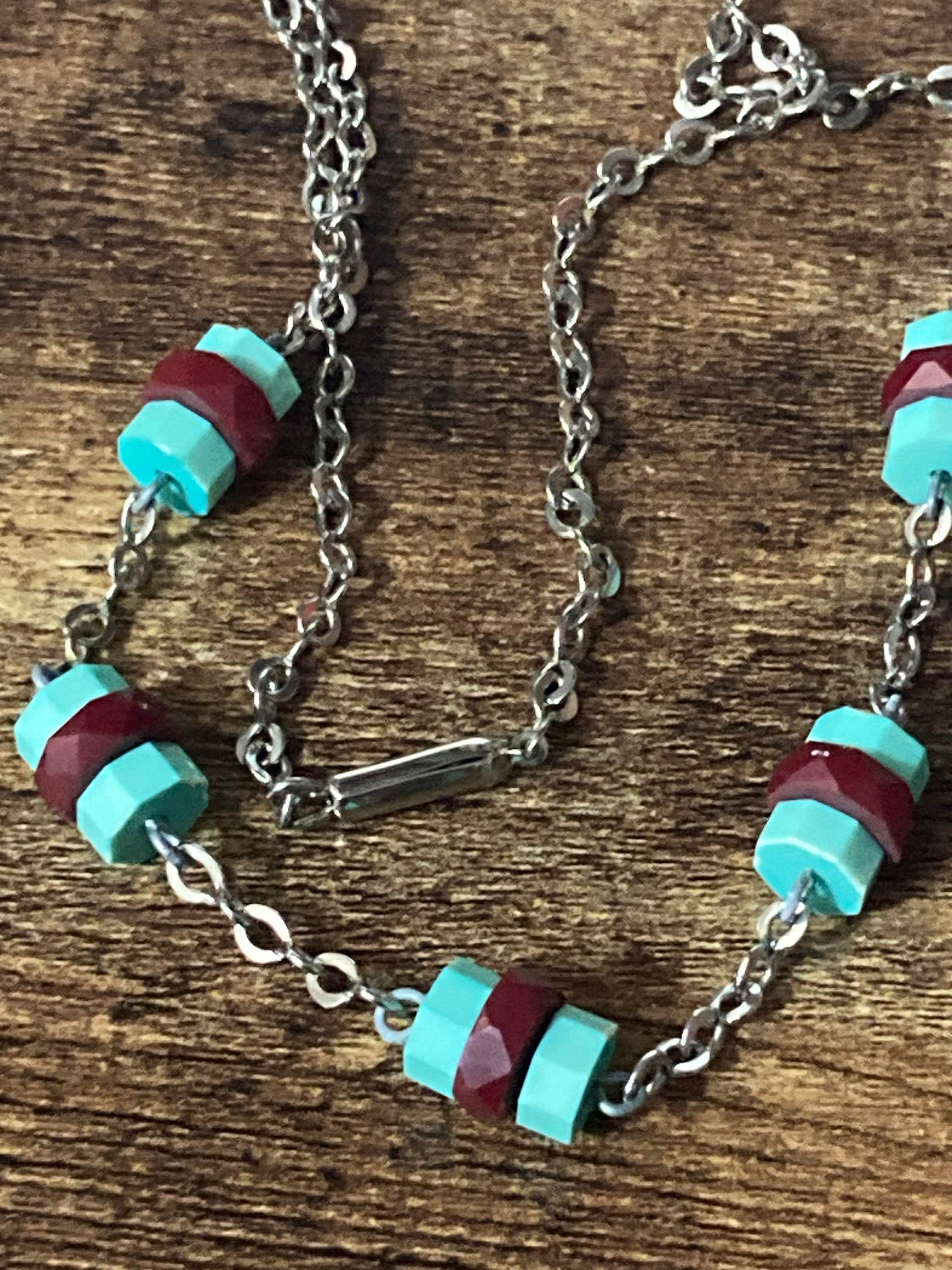 Vintage Art Deco necklace with galalith period carmine red and turquoise rondelle beads old shop stock