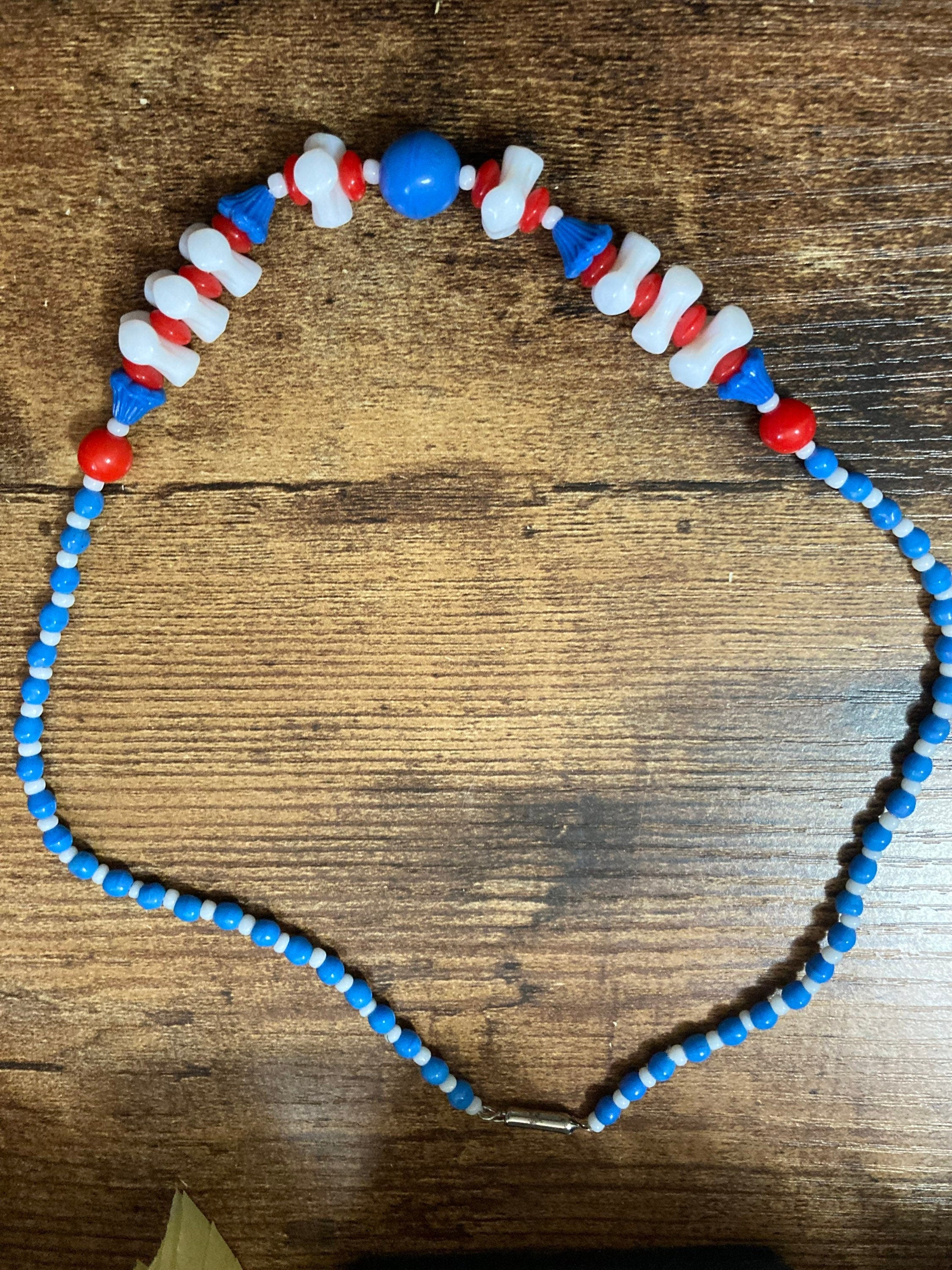 Vintage Czech Glass Beaded Necklace, Red White and Blue, 1940s