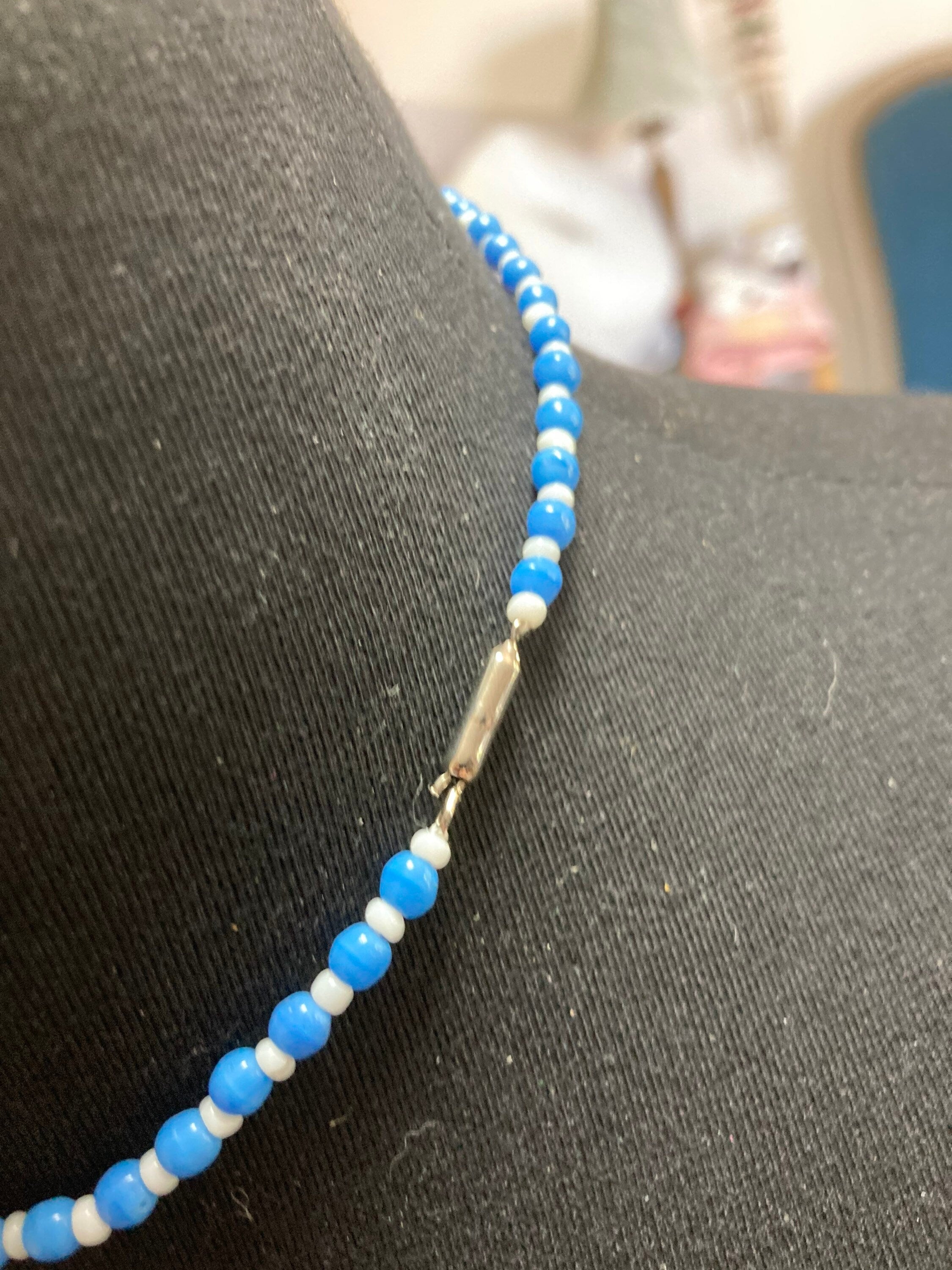 Vintage Czech Glass Beaded Necklace, Red White and Blue, 1940s