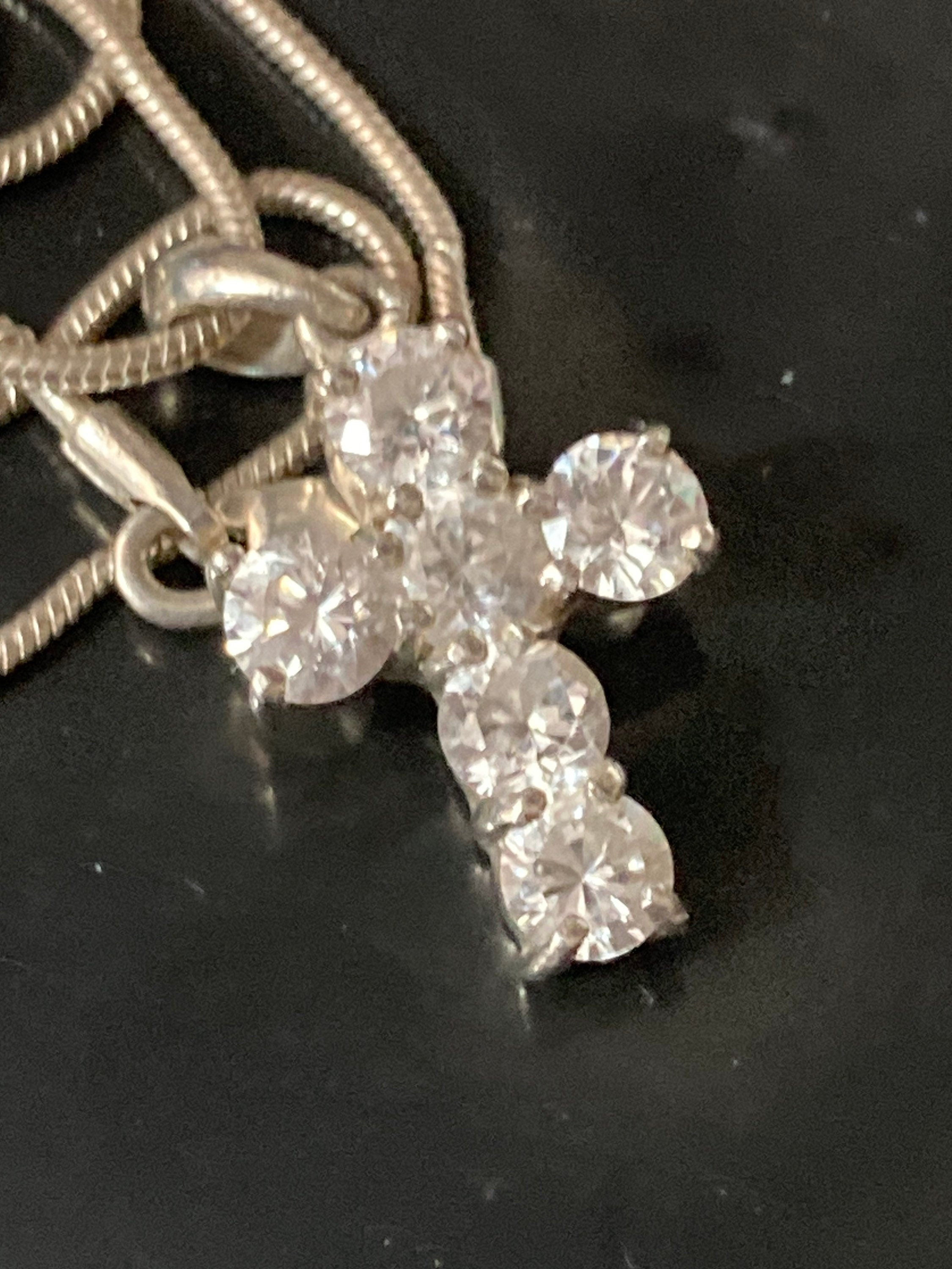 Sterling Silver Cross Pendant Necklace, Diamanté Gem, 41cm Chain