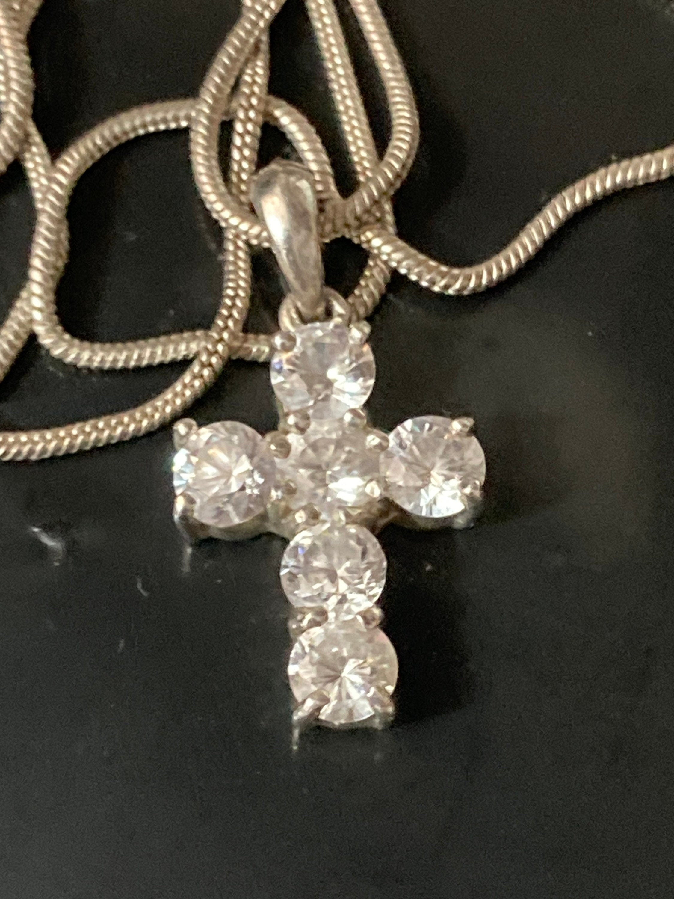 Sterling Silver Cross Pendant Necklace, Diamanté Gem, 41cm Chain