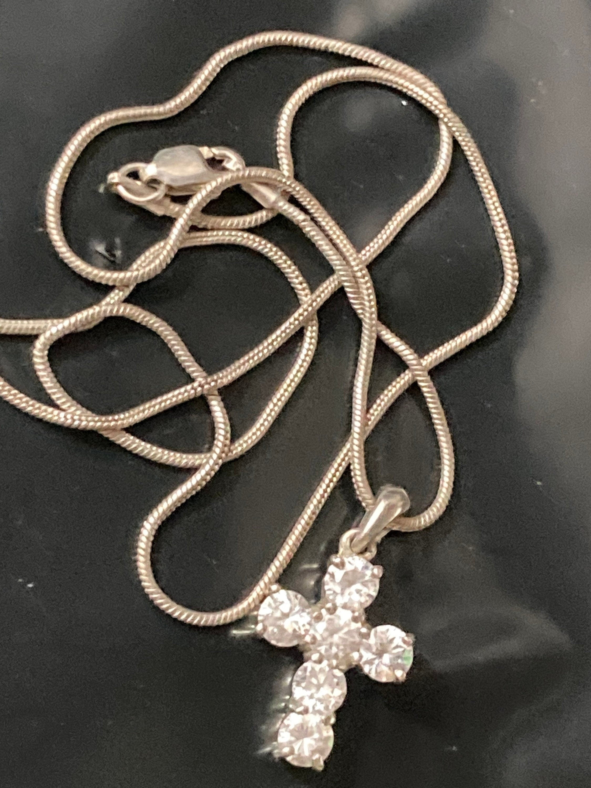 Sterling Silver Cross Pendant Necklace, Diamanté Gem, 41cm Chain
