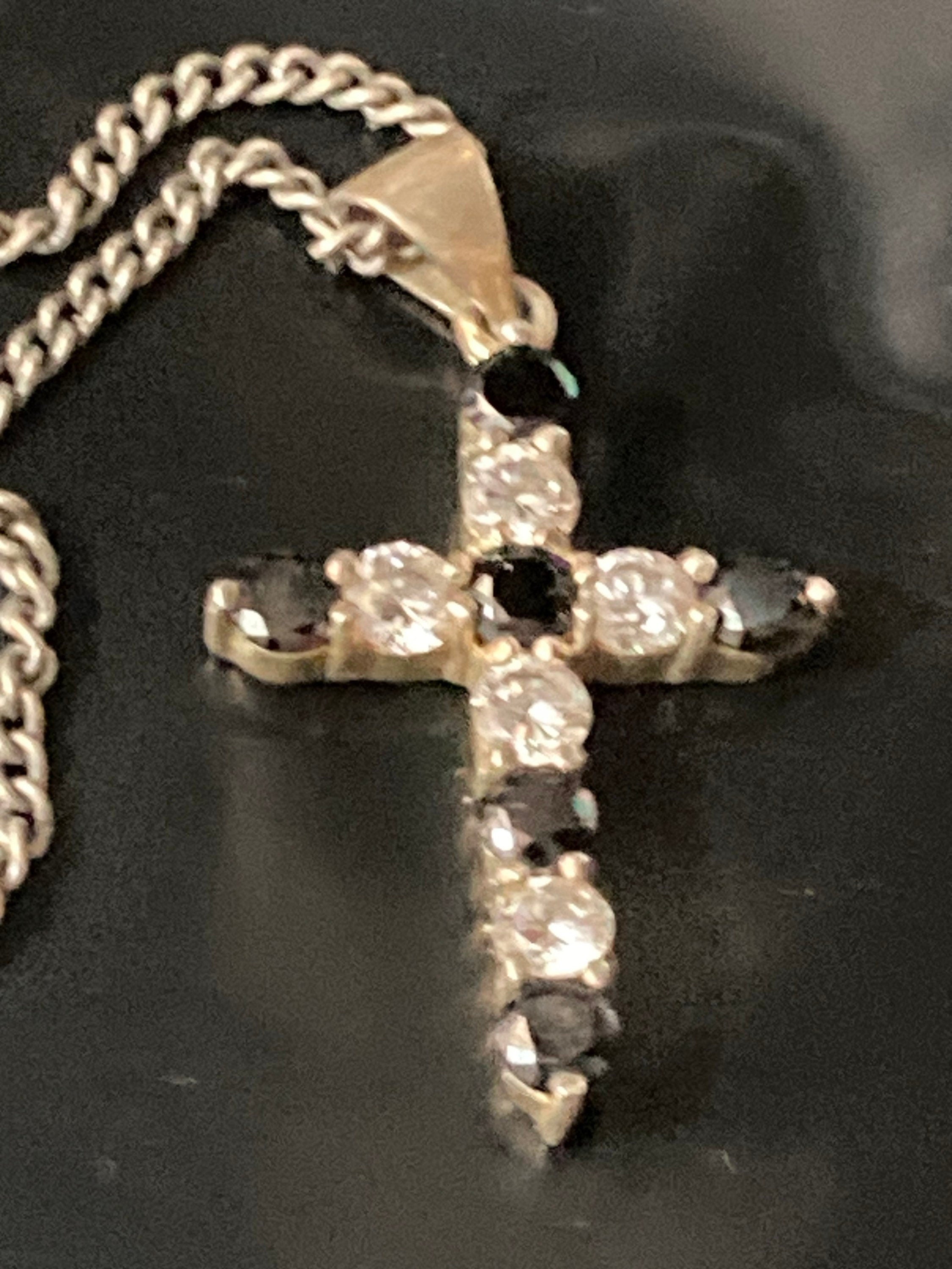 Sterling Silver Cross Pendant Necklace, Black & Clear Diamanté, 46cm Chain
