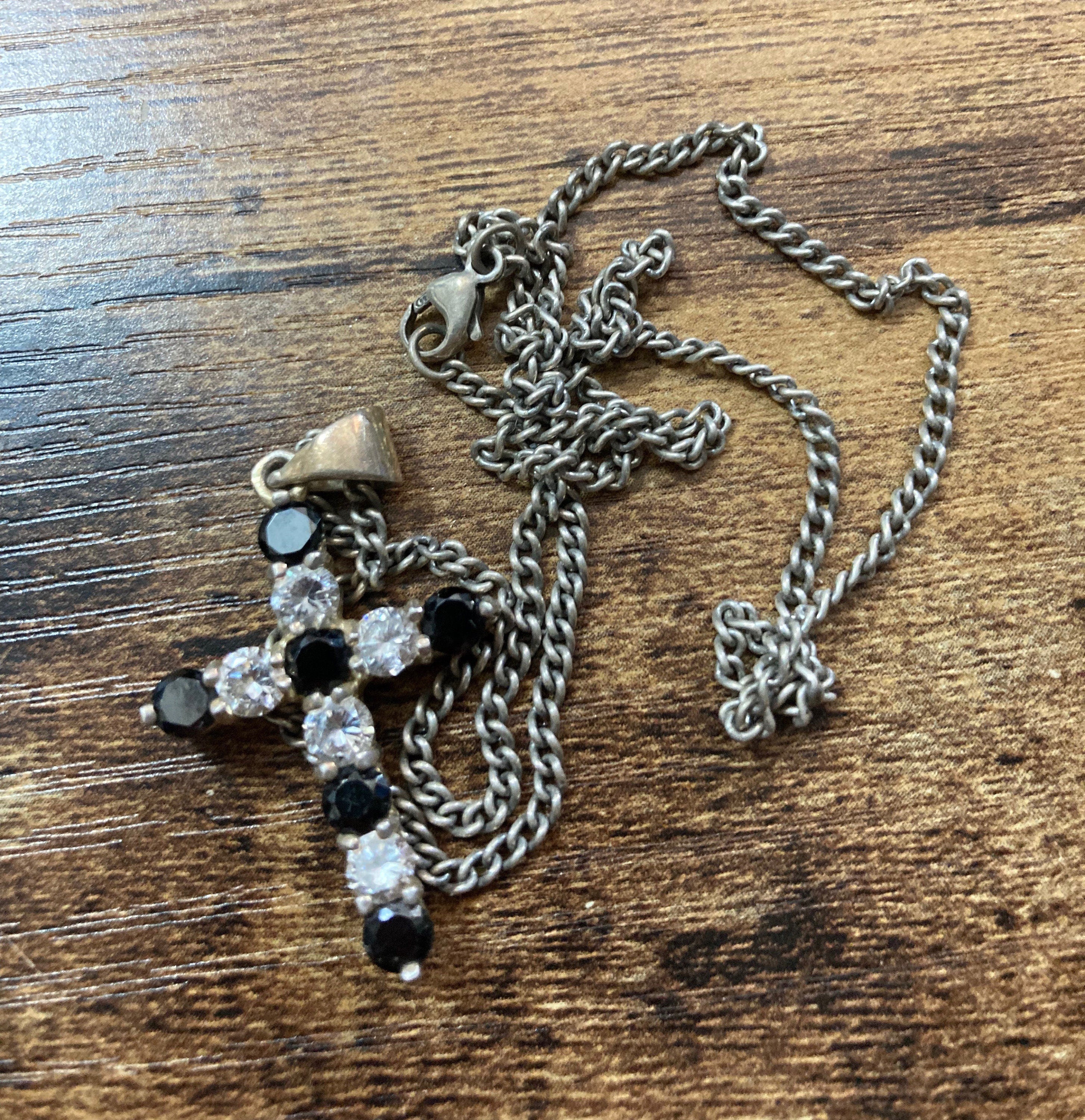 Sterling Silver Cross Pendant Necklace, Black & Clear Diamanté, 46cm Chain