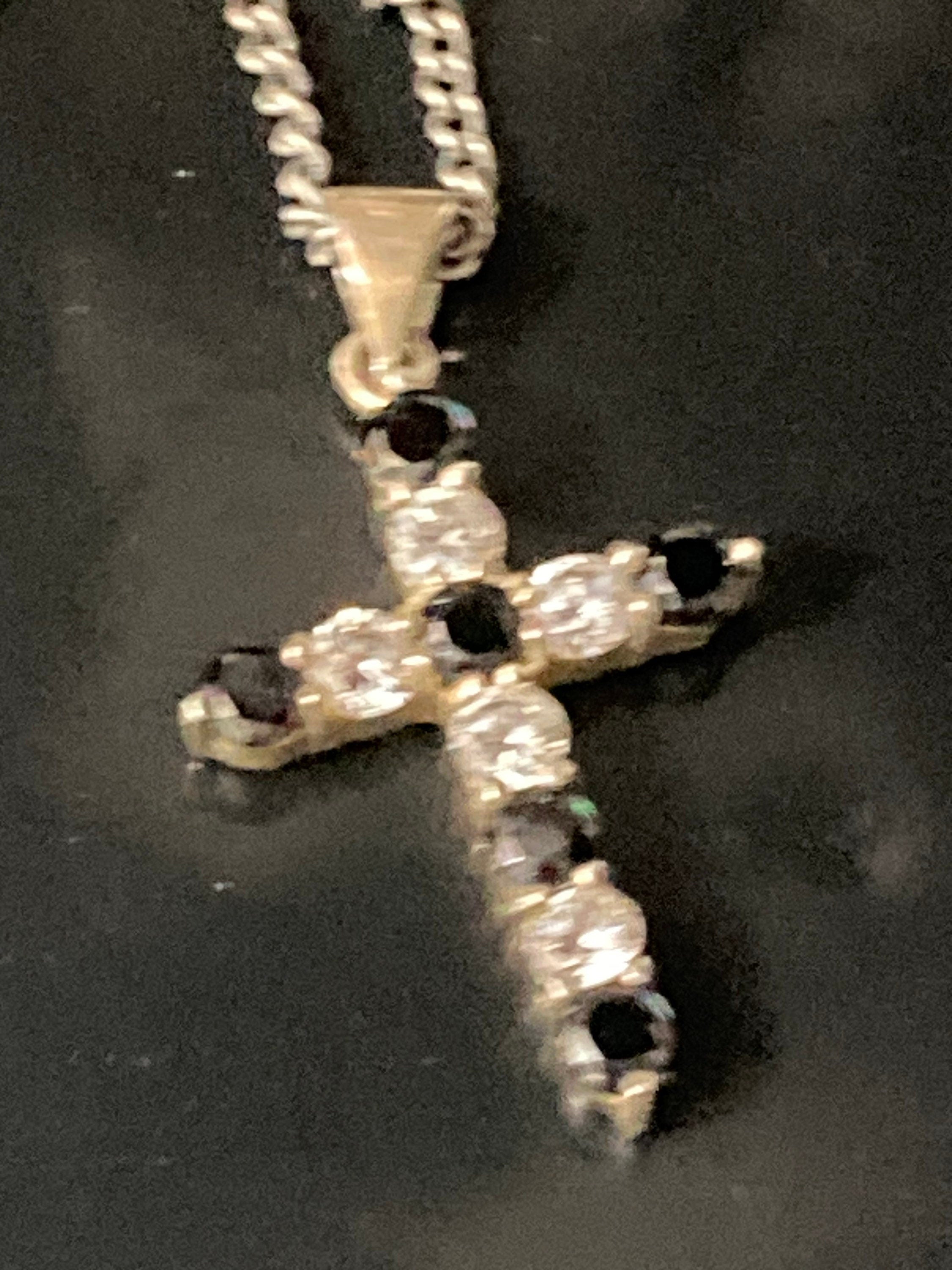 Sterling Silver Cross Pendant Necklace, Black & Clear Diamanté, 46cm Chain