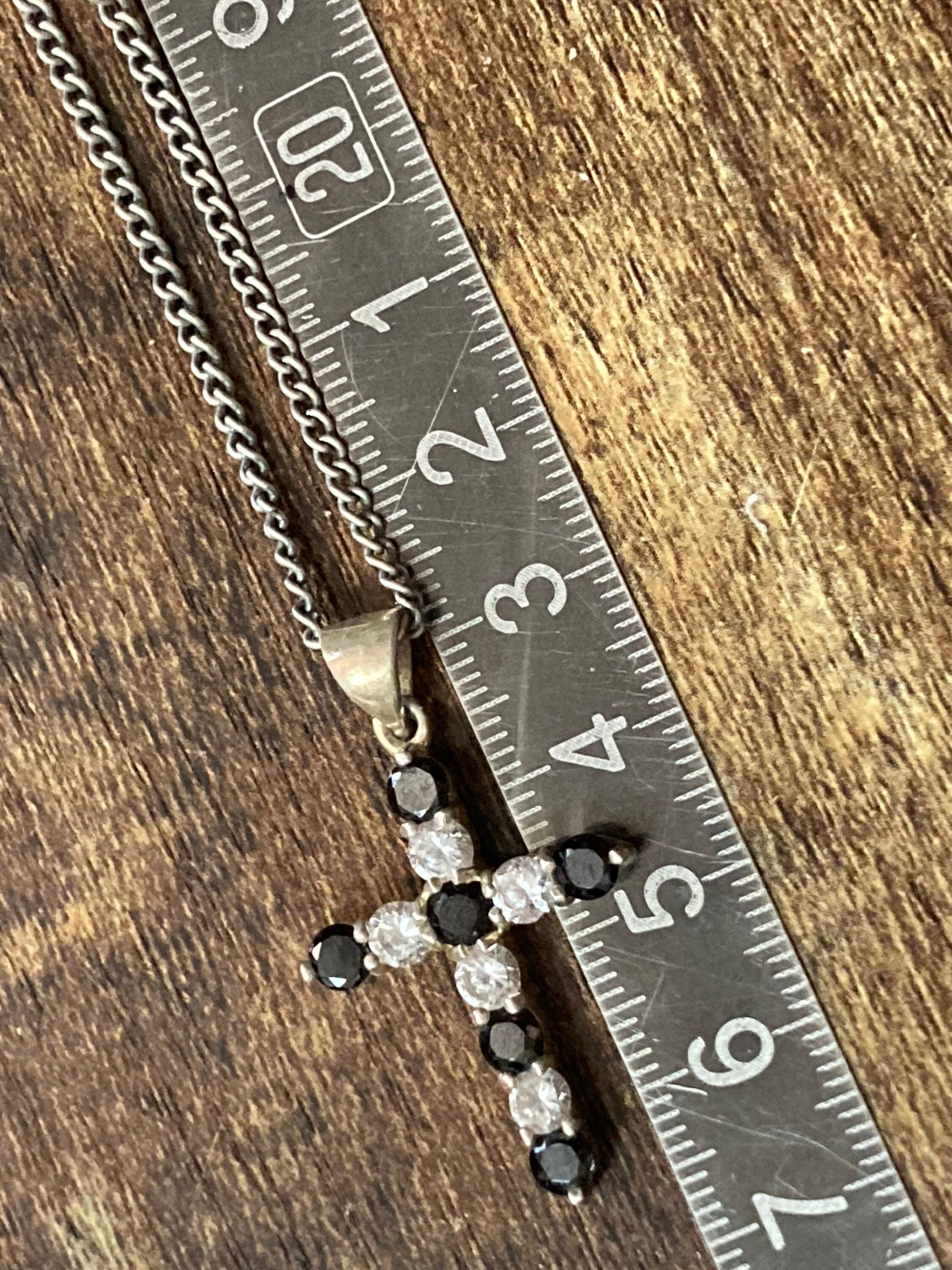 Sterling Silver Cross Pendant Necklace, Black & Clear Diamanté, 46cm Chain