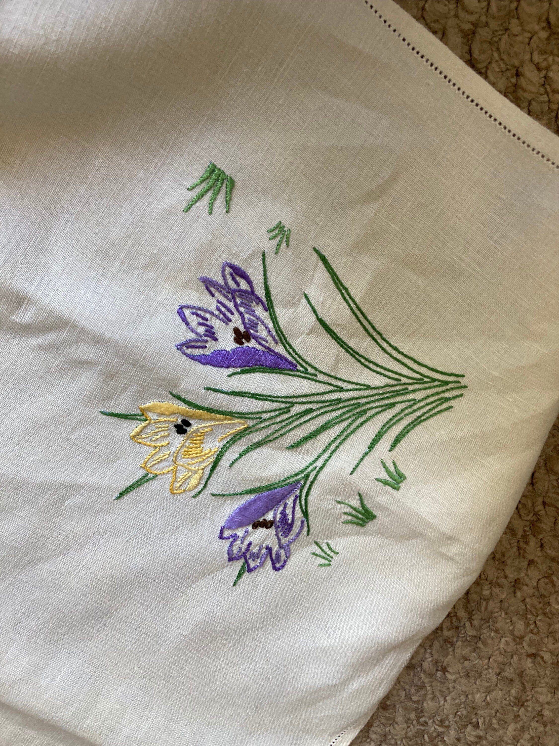 Extra Large square Vintage embroidered floral tablecloth spring crocus flowers