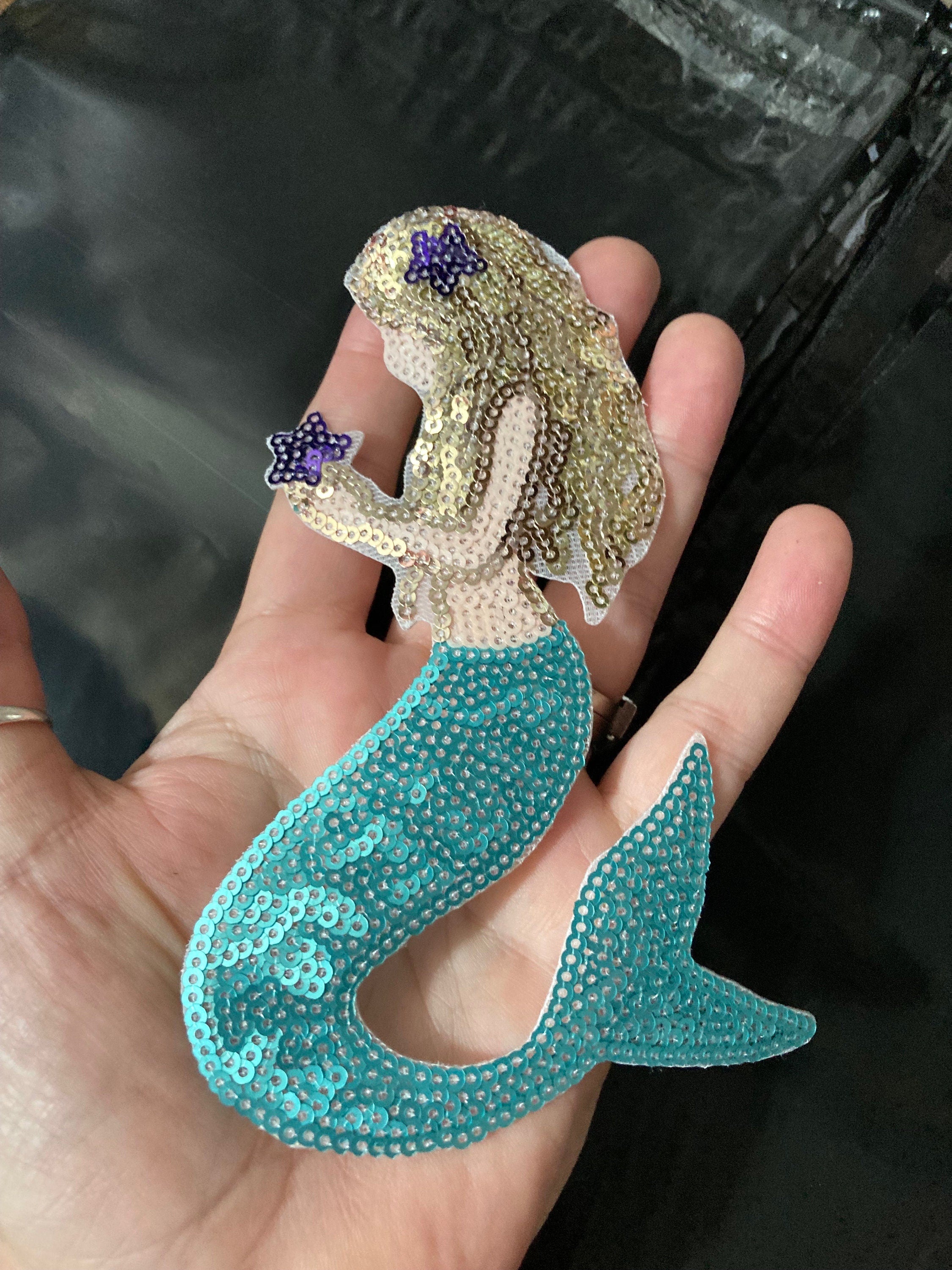 Large Iron On Mermaid Patch: Turquoise Blue & Gold Appliqué (8cm x 15cm)