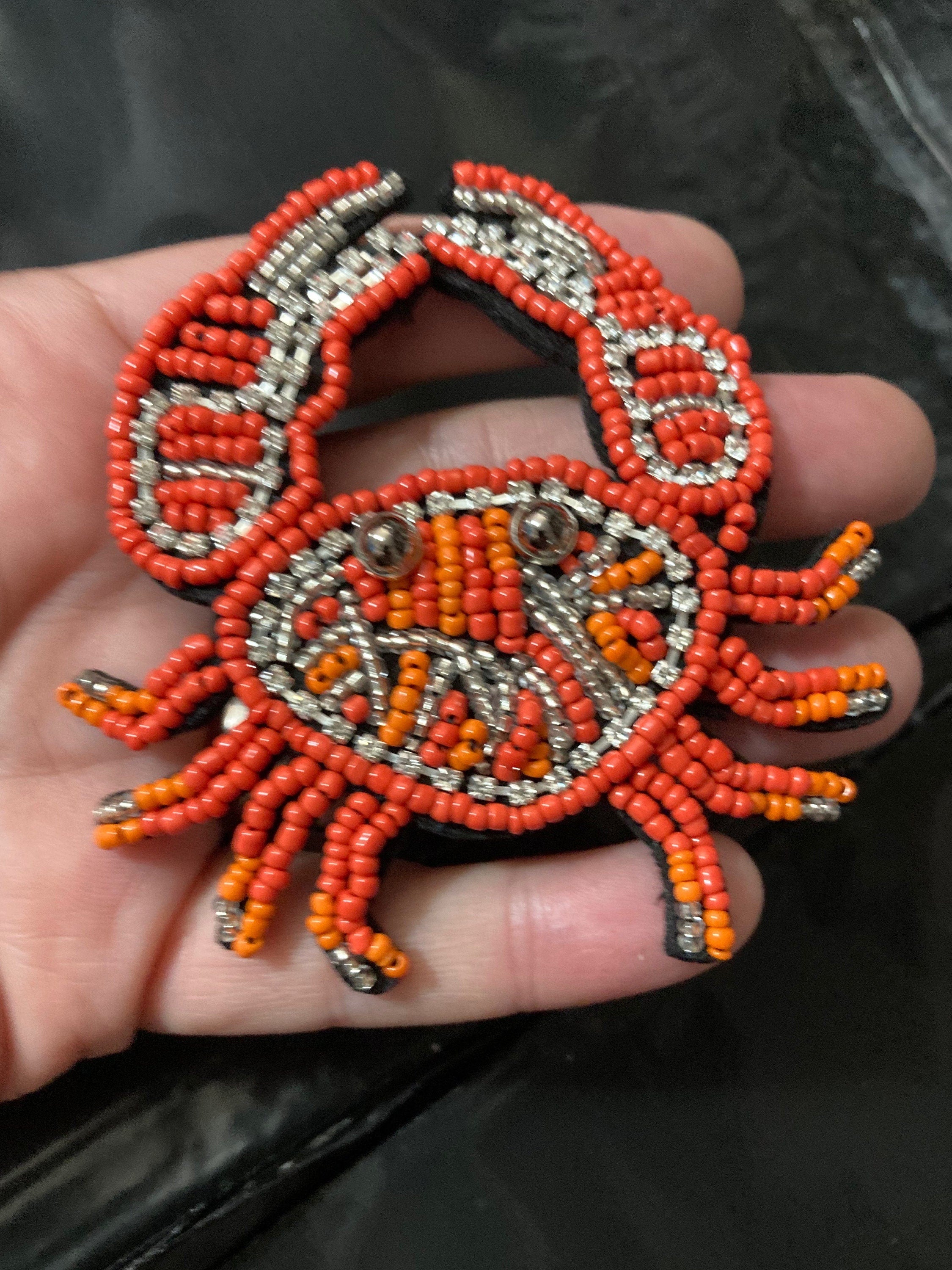 Orange Seed Bead Crab Patch: Sew-On Diamanté Appliqué (9cm x 8cm)