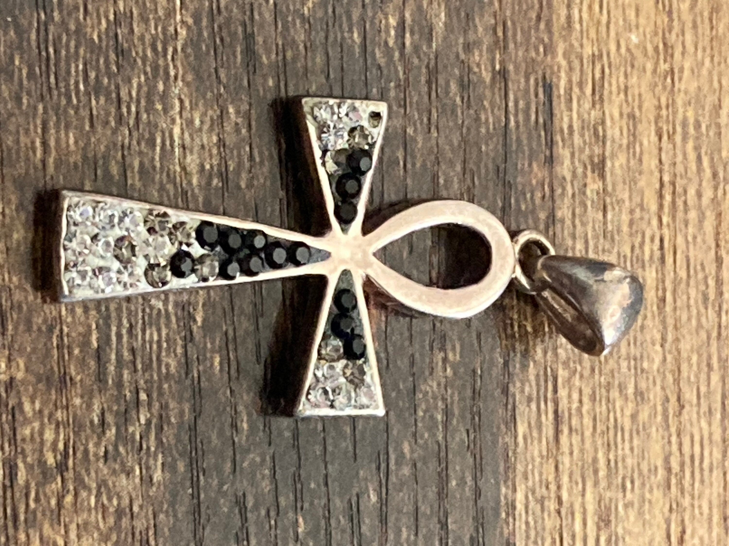 AF 925 sterling silver black and clear Crystal gem set religious cross pendant 4.5cm