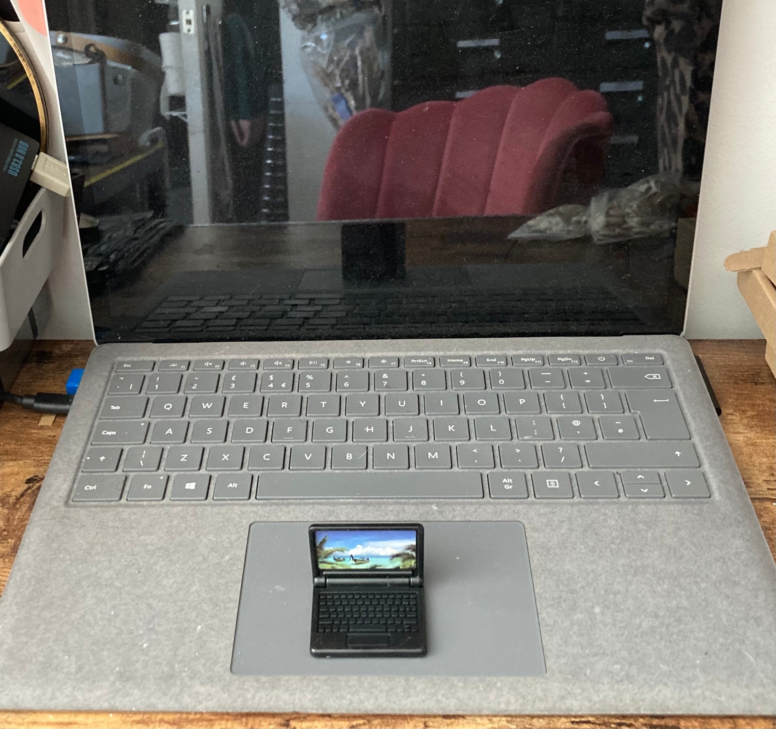 Miniature Black laptop computer cake topper decoration, dollhouse naught elf prop