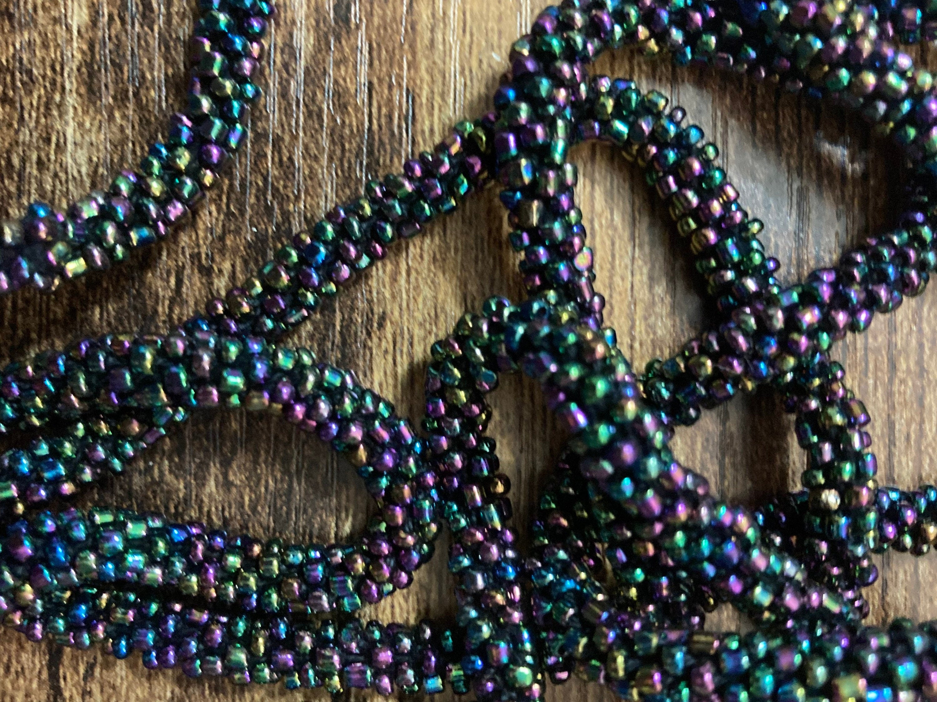 Vintage dark grey rainbow lustre glass seed bead long necklace