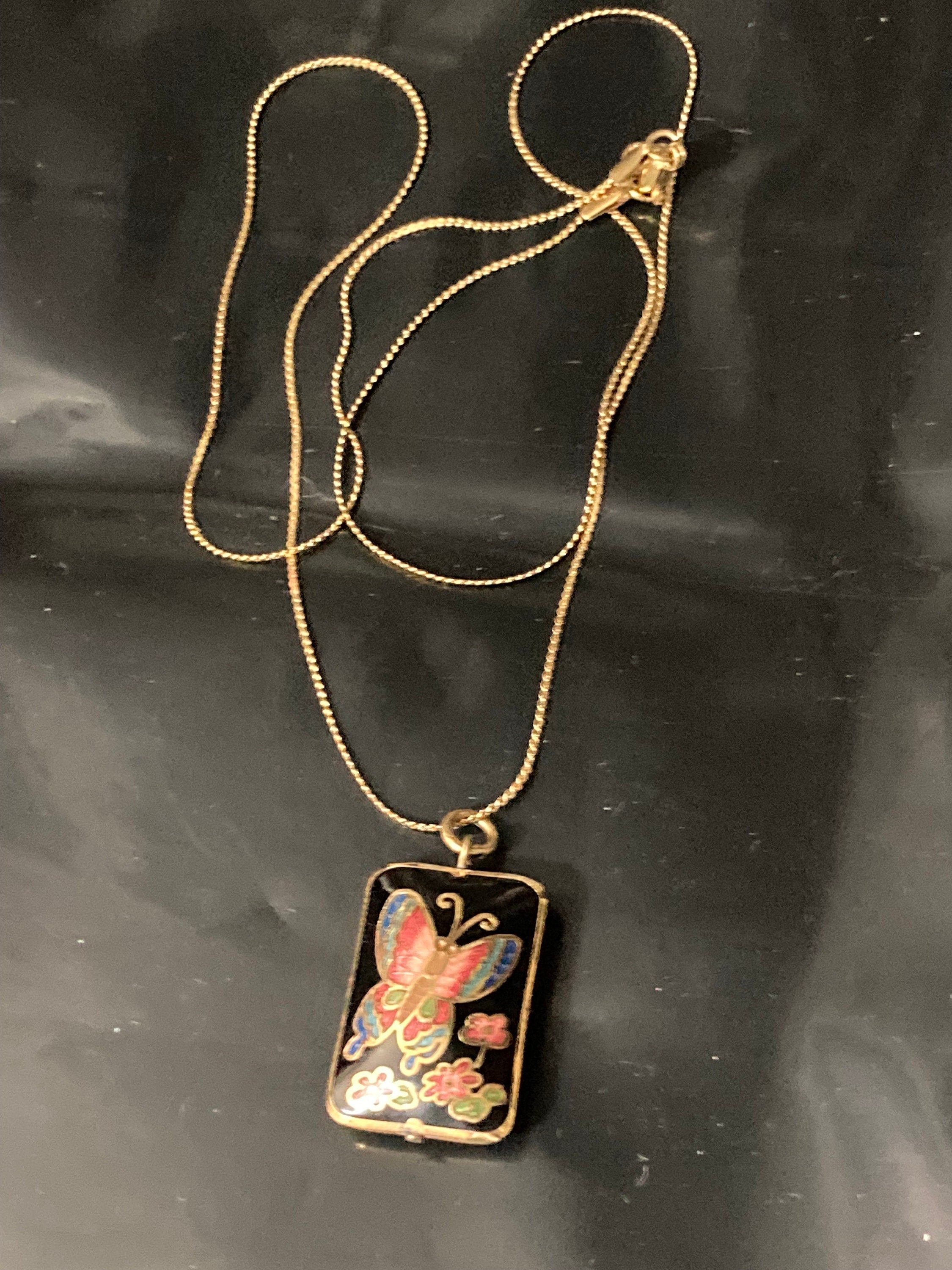 Black pink butterfly cloisonné enamel Chinese beaded pendant necklace with new gold tone chain