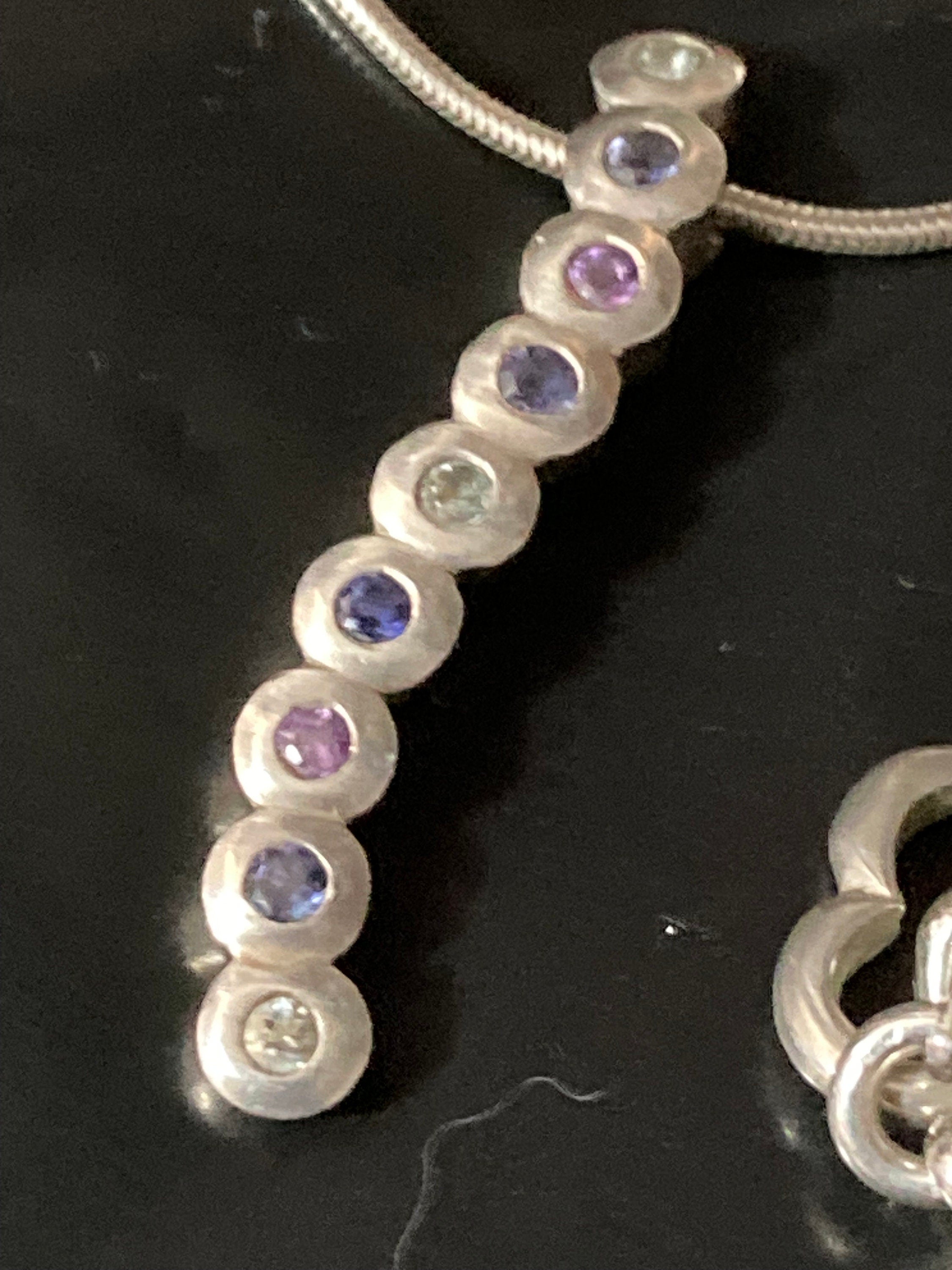 925 sterling silver pink purple clear diamanté modernist pendant on a chain