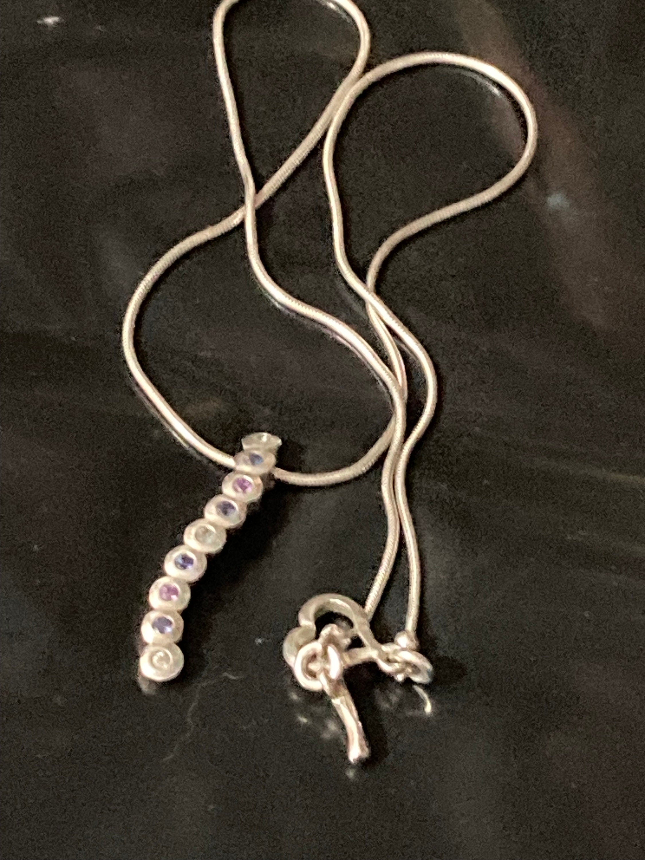 925 sterling silver pink purple clear diamanté modernist pendant on a chain