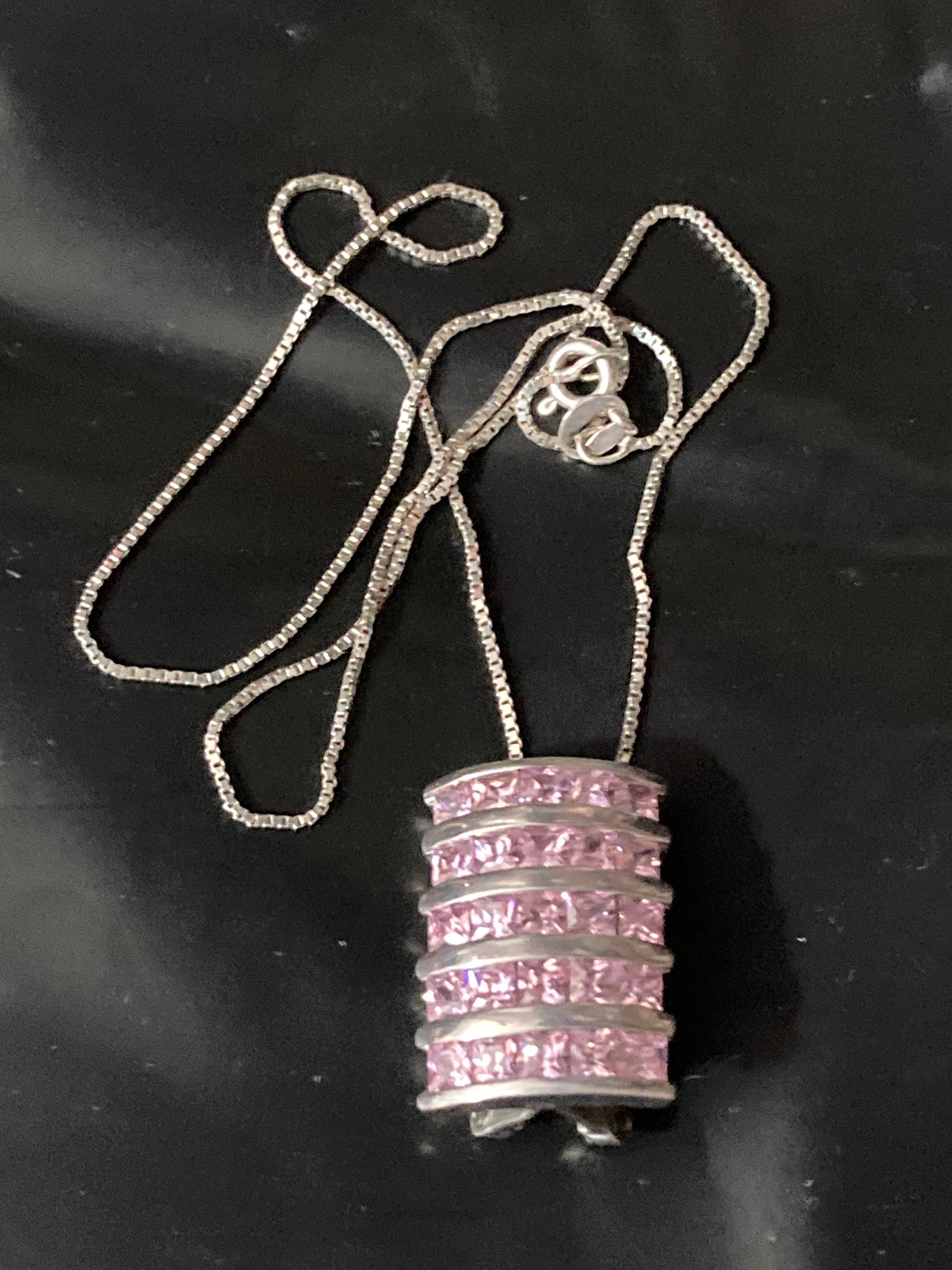 925 sterling silver pink diamanté Crystal modernist pendant on a chain
