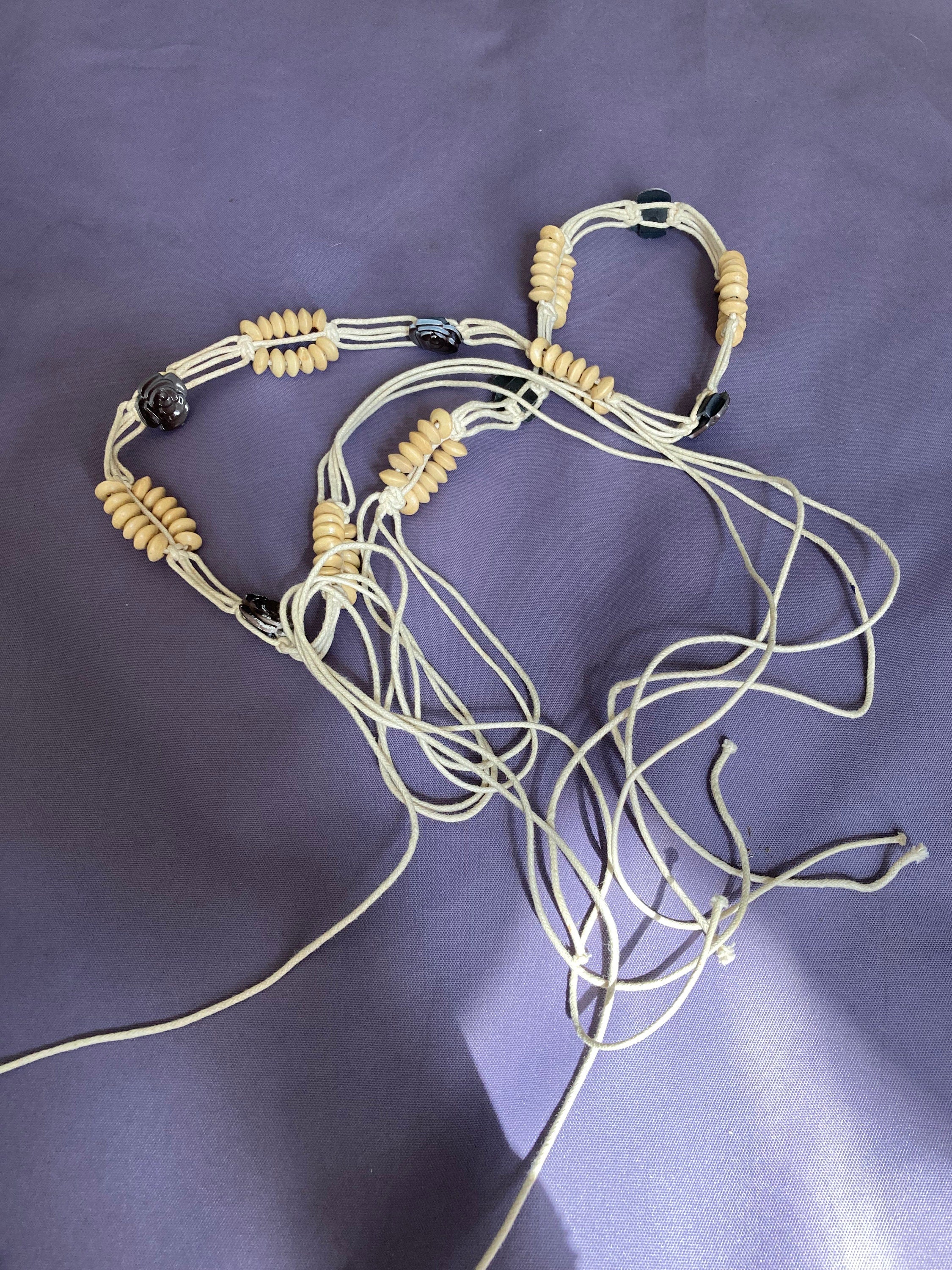 Vintage brown beige beaded tie belt festival boho