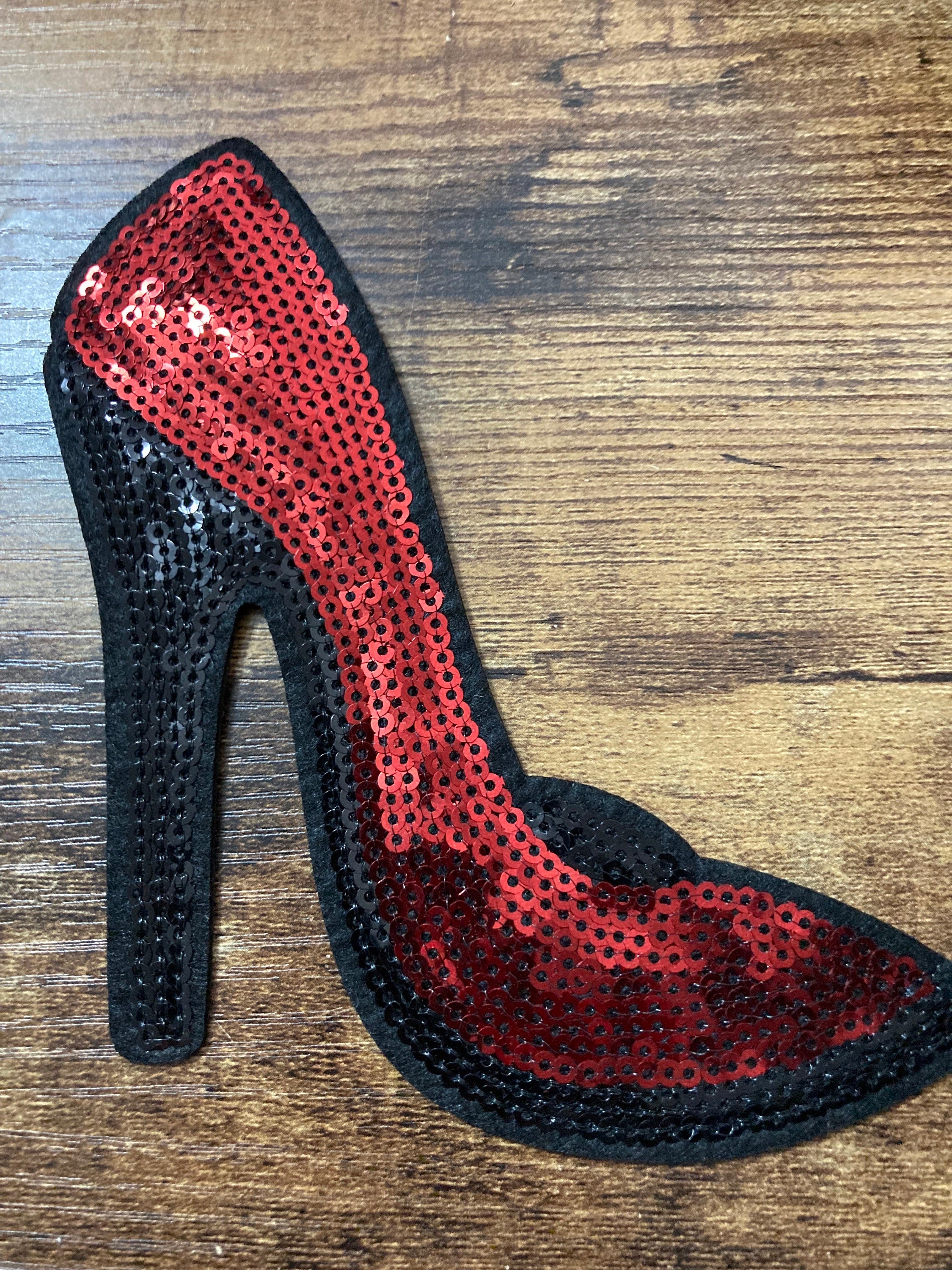 Large Sequin High Heel Shoe Patch: Red & Black Iron-On Applique (15 x 13)