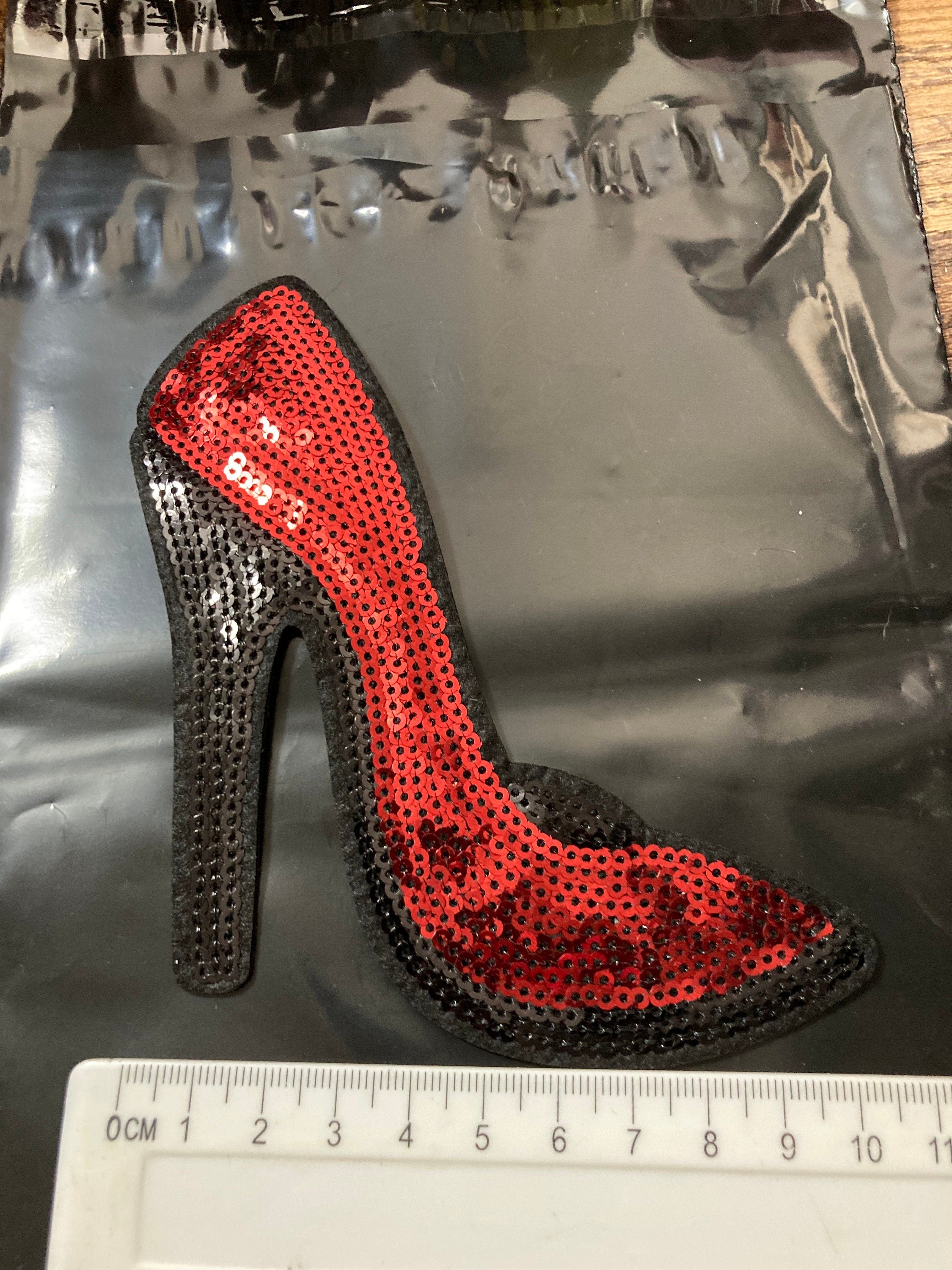 Large Sequin High Heel Shoe Patch: Red & Black Iron-On Applique (15 x 13)