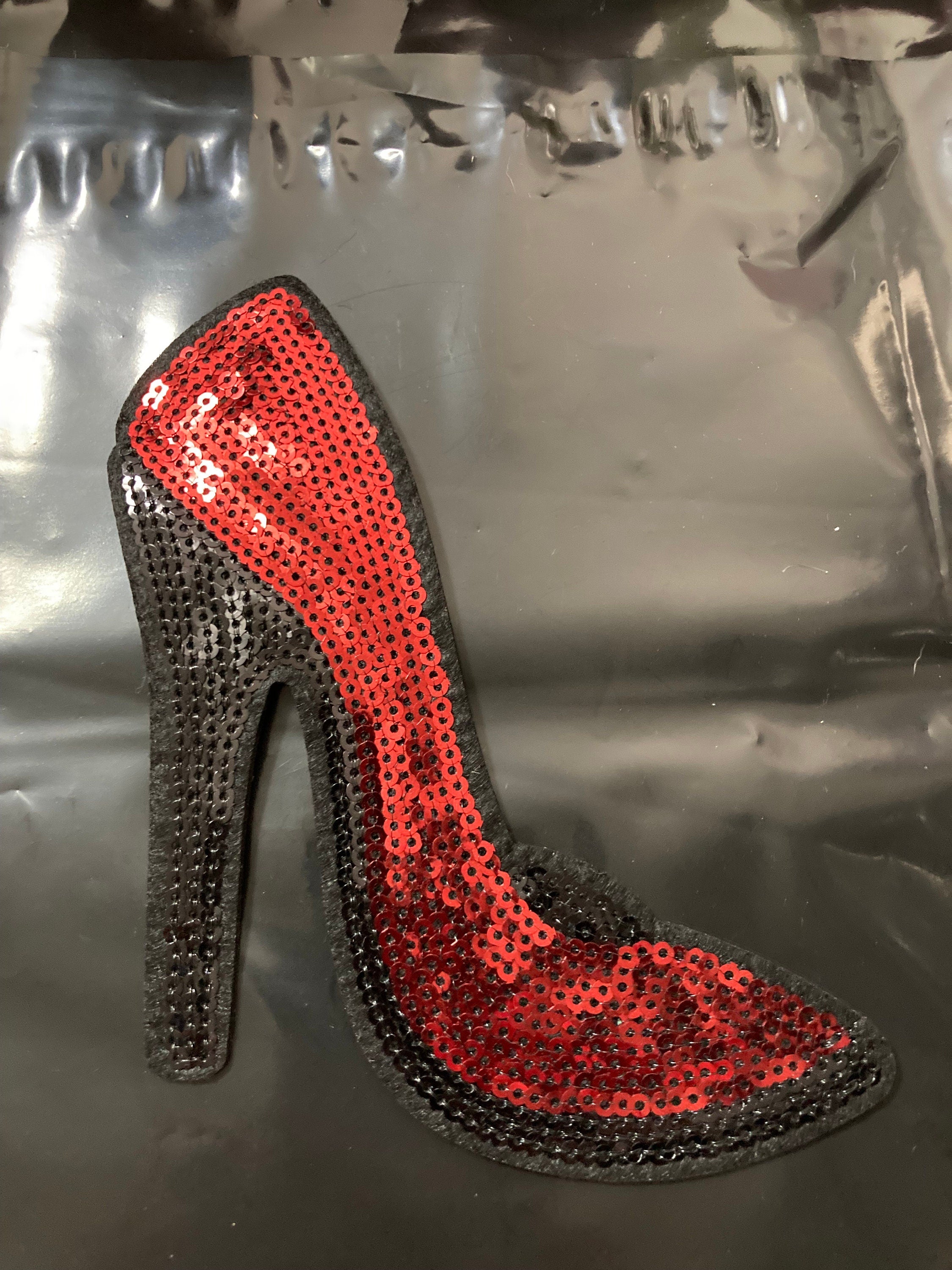 Large Sequin High Heel Shoe Patch: Red & Black Iron-On Applique (15 x 13)