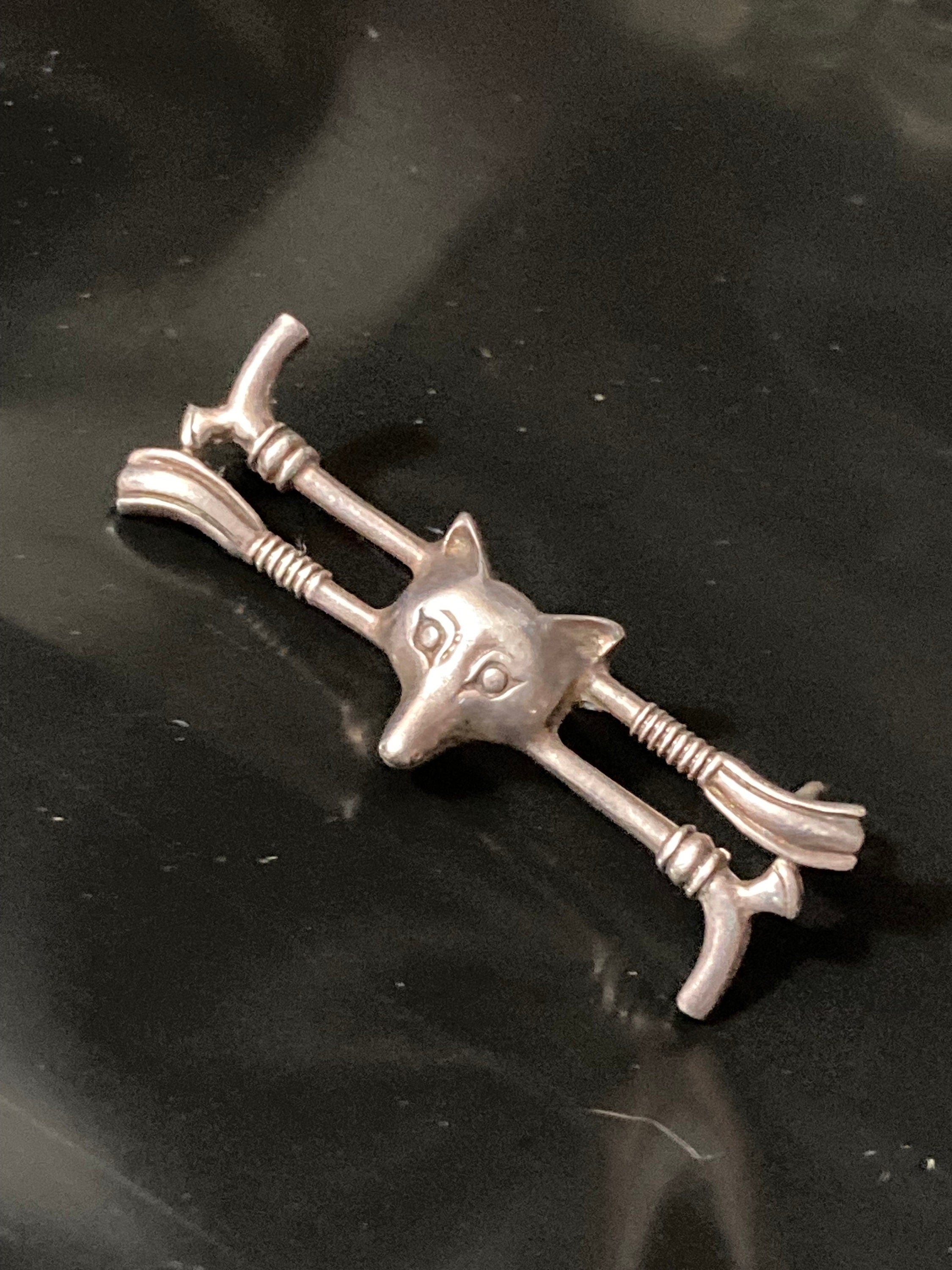 Vintage fox head bar brooch 925 sterling silver