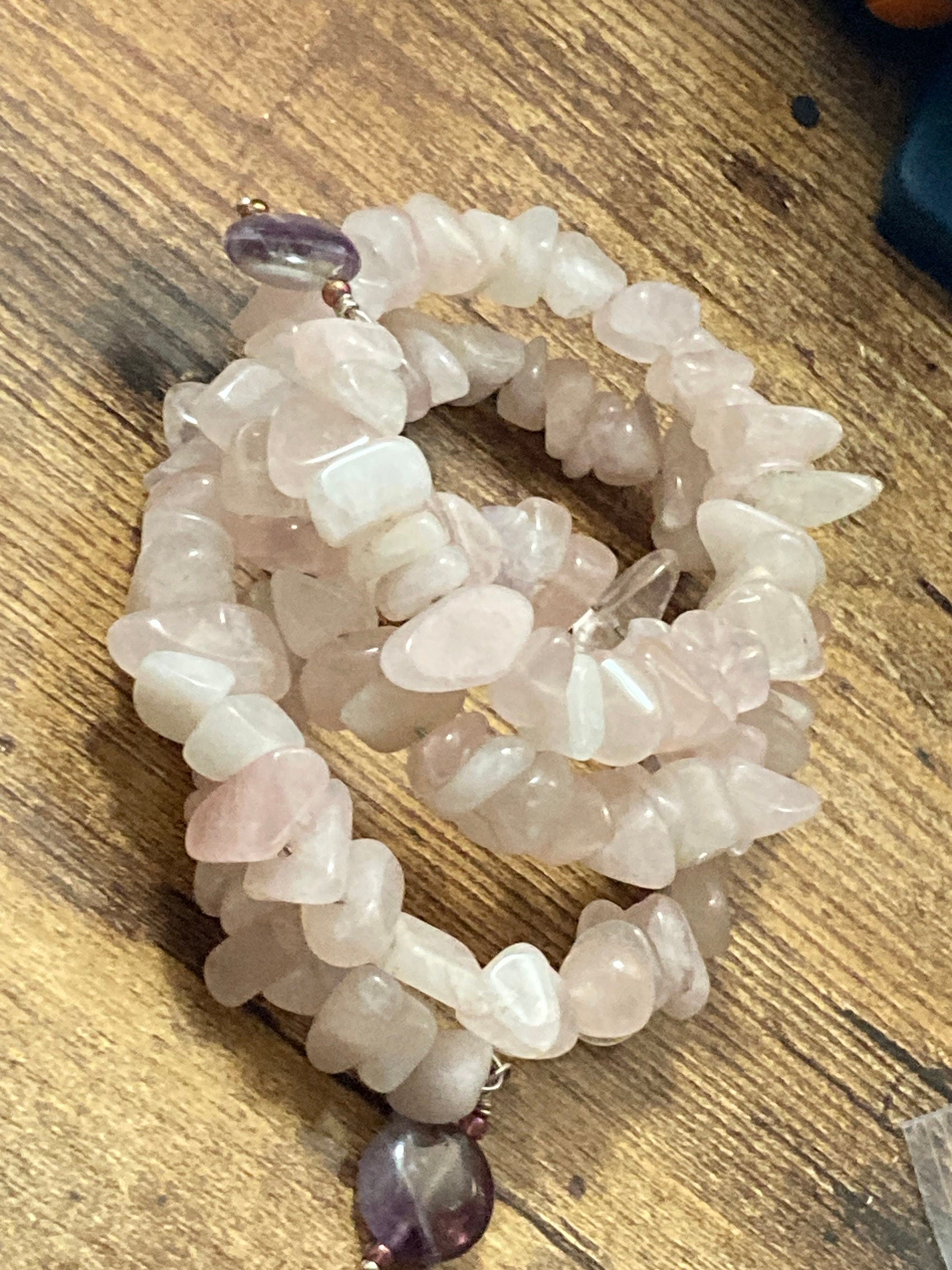Rose quartz and amethyst chunky gemstone wrap bracelet